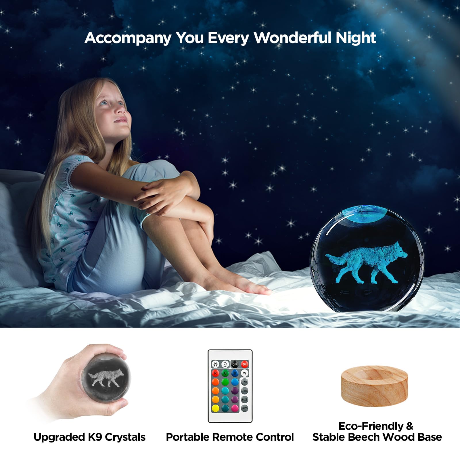 Yylzephb 3D Wolf Crystal Ball Night Light With Woodern Base, 3.15 Wolf Glass Ball Lamp 16 Colors With Remote Control Wolf Figuri