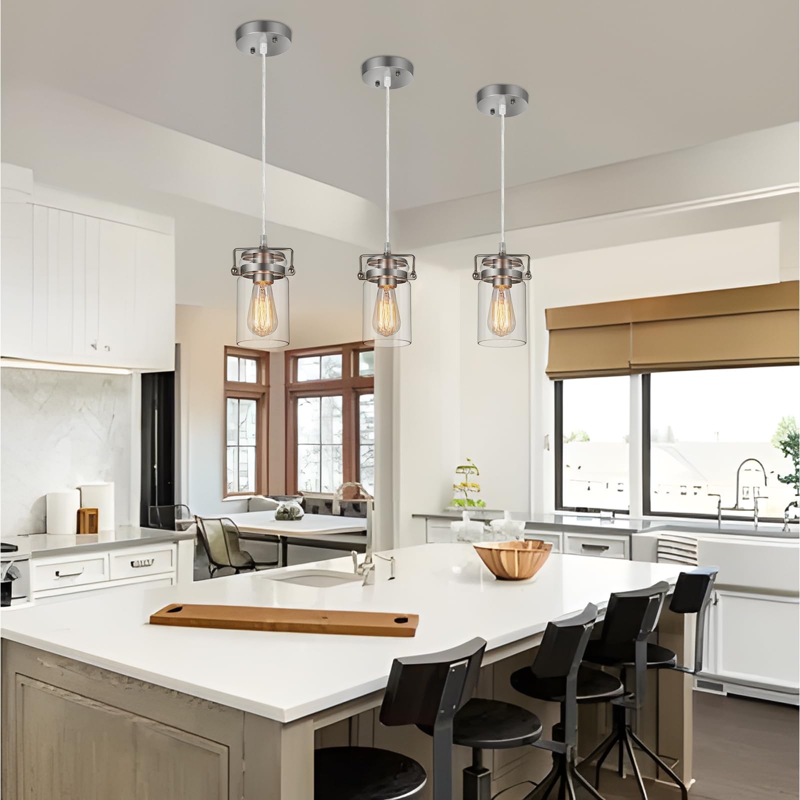 Industrial Pendant Lighting For Kithen Island  Brushed Nickel Pendant Light Fixture With Clear Glass Shade Modern Mini Ceiling Light Fixture Adjustable Kitchen Island Lighting(E26 Base)