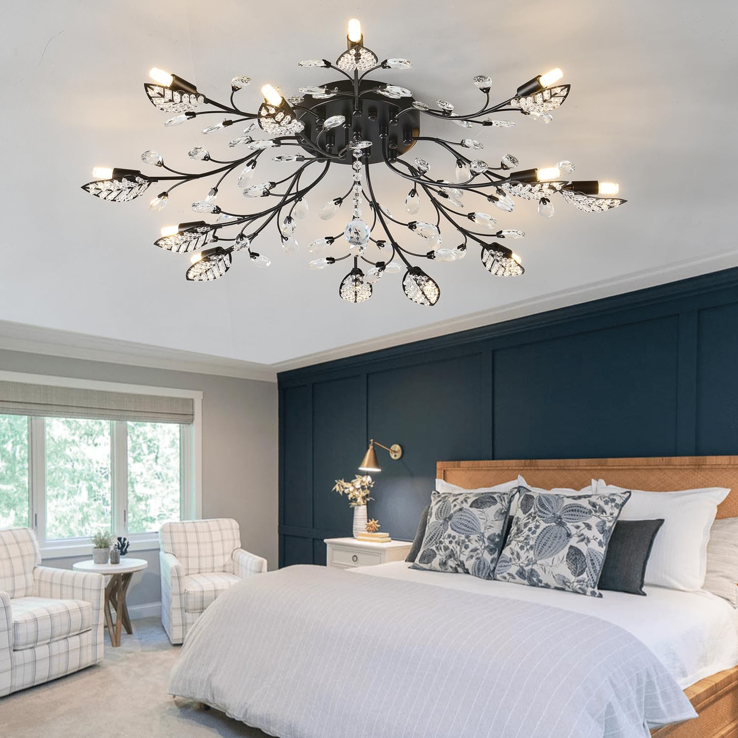 Modern Crystal Ceiling Light Fixture,Semi Flush Mount Chandeliers,Crystal Leaf Ceiling Light, Chandeliers For Dining Room,Living