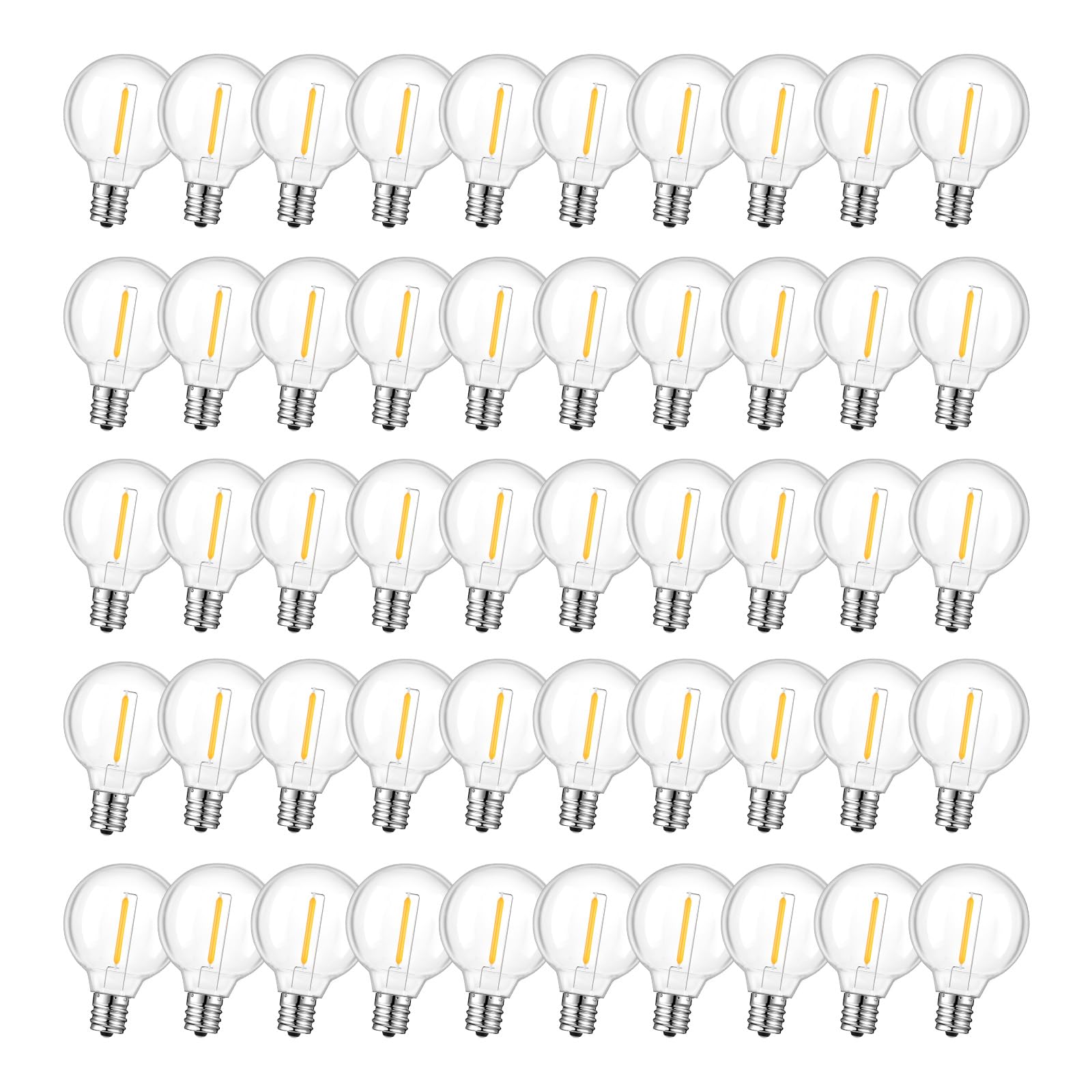 GvvooHome 50 Pack LED G40 Replacement Bulbs for String Lights  Shatterproof Plastic Globe Bulb for Indoor Outdoor Patio Decor  E12 Candelabra Socket Base  Warm White
