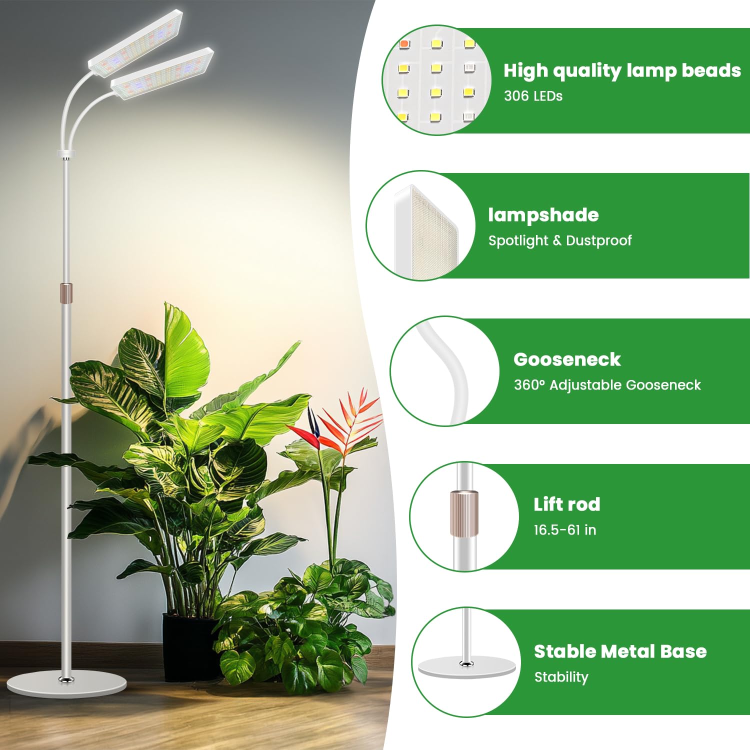 Wiaxulay Grow Lights for Indoor Plants, 306 LED Full Spectrum, Adjustable Height 24-68 in, 2 Heads, Timer, 3 Modes, White