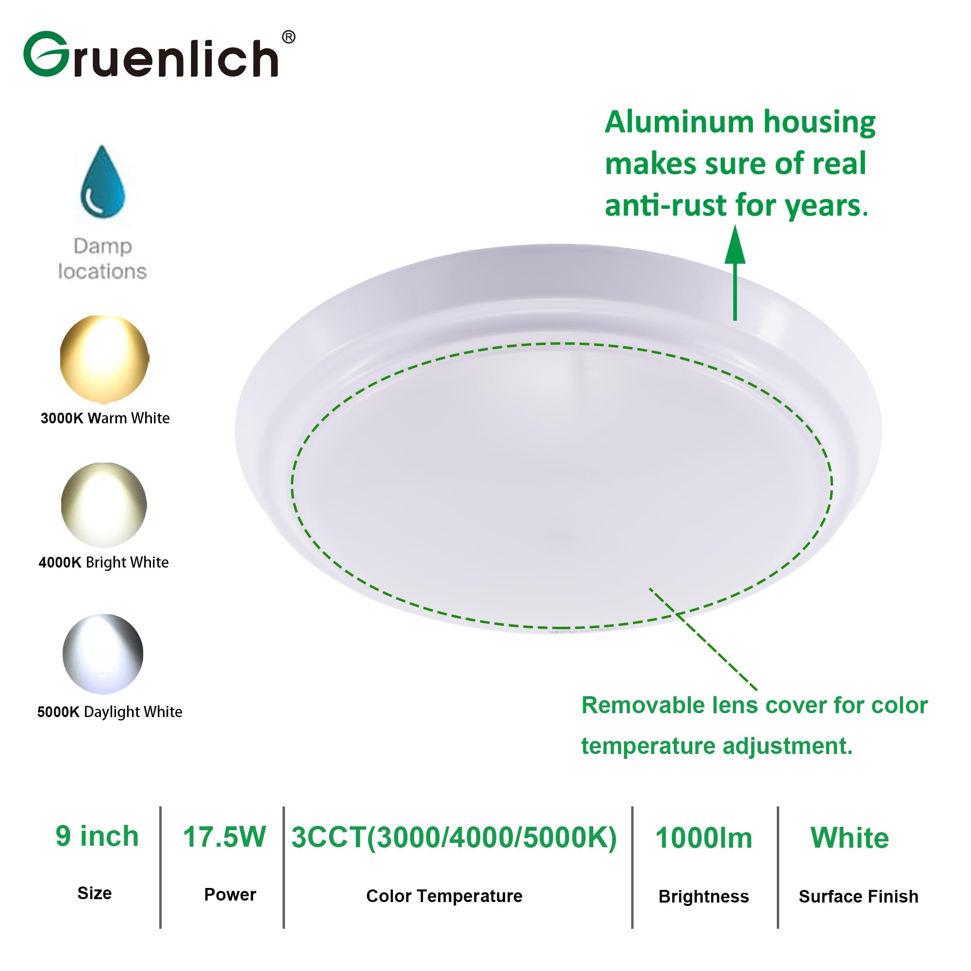 Gruenlich LED Flush Mount Ceiling Light, Dimmable 17.5W, 1000 Lumen, 3 CCT, 9 Inch, Aluminum, 2-Pack, White Finish