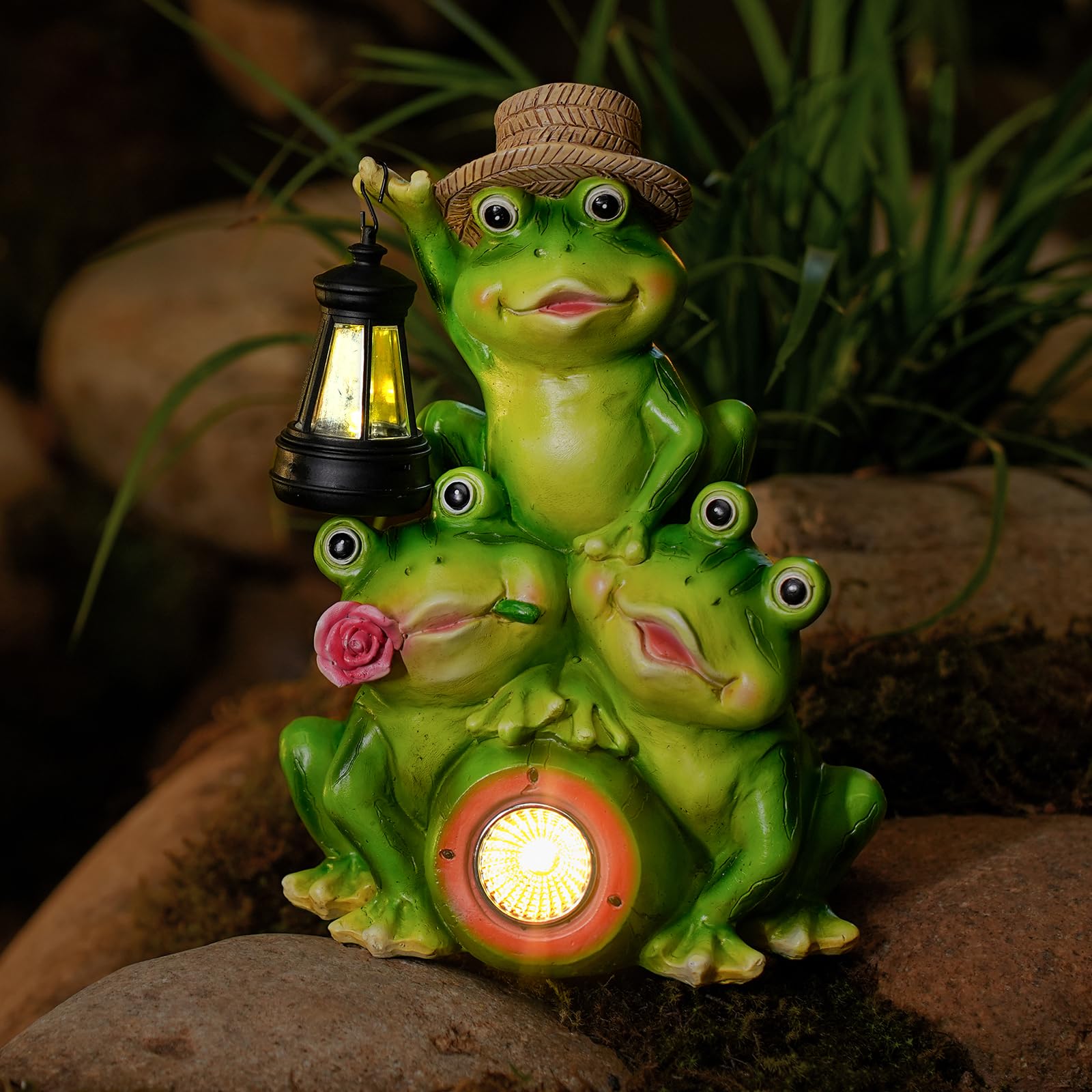 Joint Honglin Solar Frog Family Garden Statue Three Frog Figurines with Lantern & LED Light - Cute Solar Yard Decor for Lawn, Pa