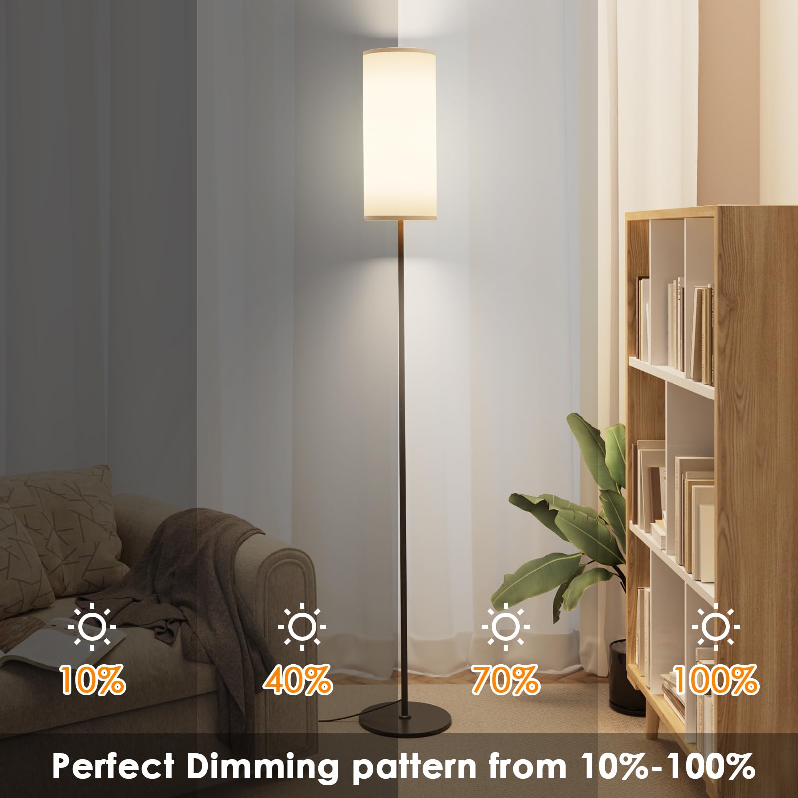 Karjoefar Floor Lamp For Living Room, Modern Standing Lamp With Remote Control, Stepless Dimmable 9W Bulb & Beige Lampshade Incl