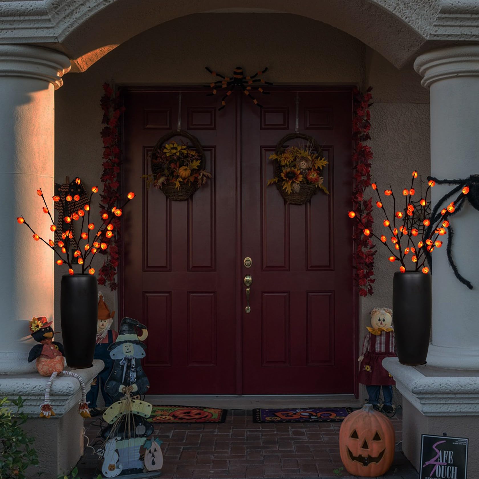 Halloween Lighted Tree Branches Decoration, Indoor Outdoor 2PCS Artificial Lit Twig Branch with Pumpkins Orange Fairy Lights, Ba