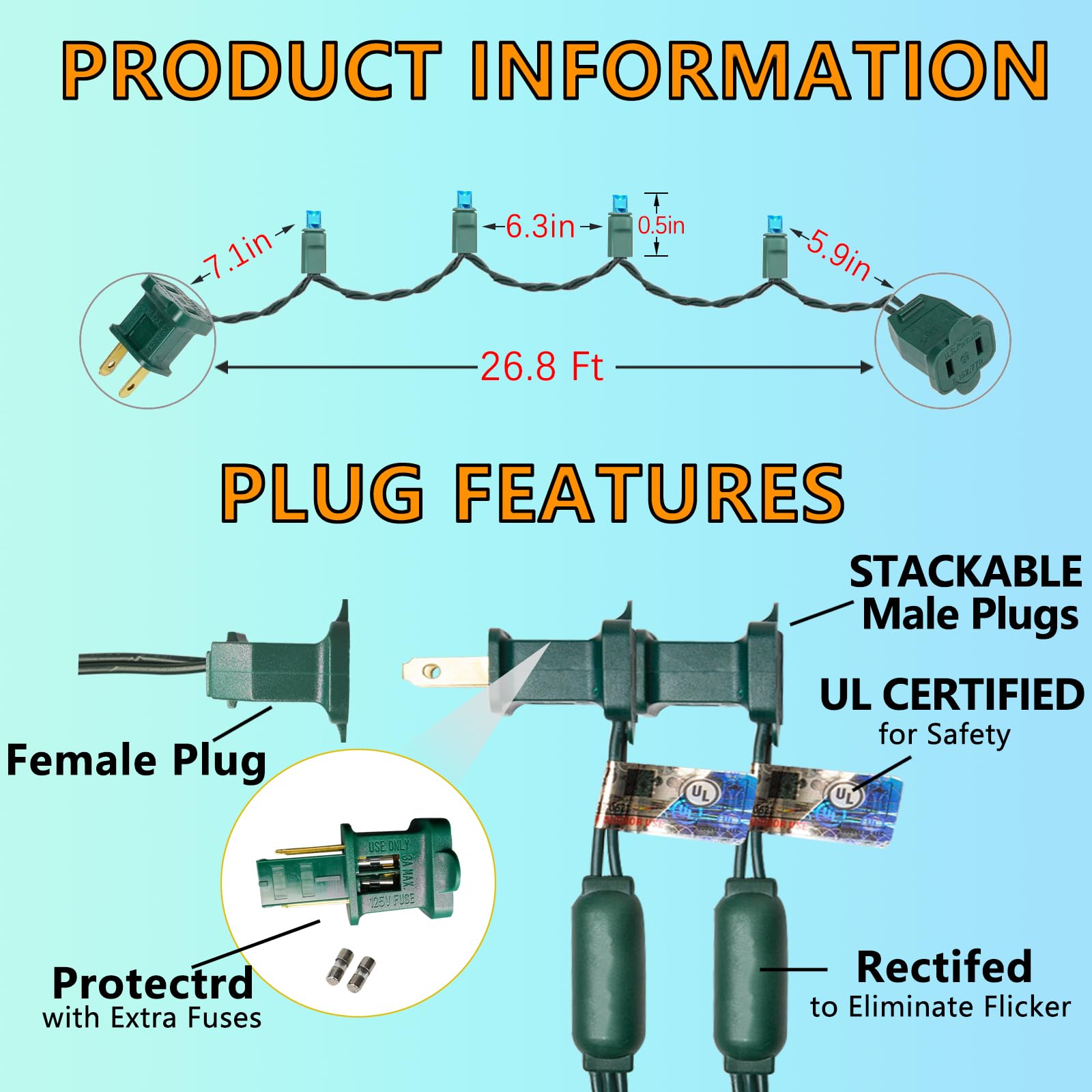 Wominoy 25Ft 50 Counts Aqua Led Christmas Lights - Commercial Grade Outdoor Waterproof, Wide Angle Green Wire, Xmas Tree Lights,