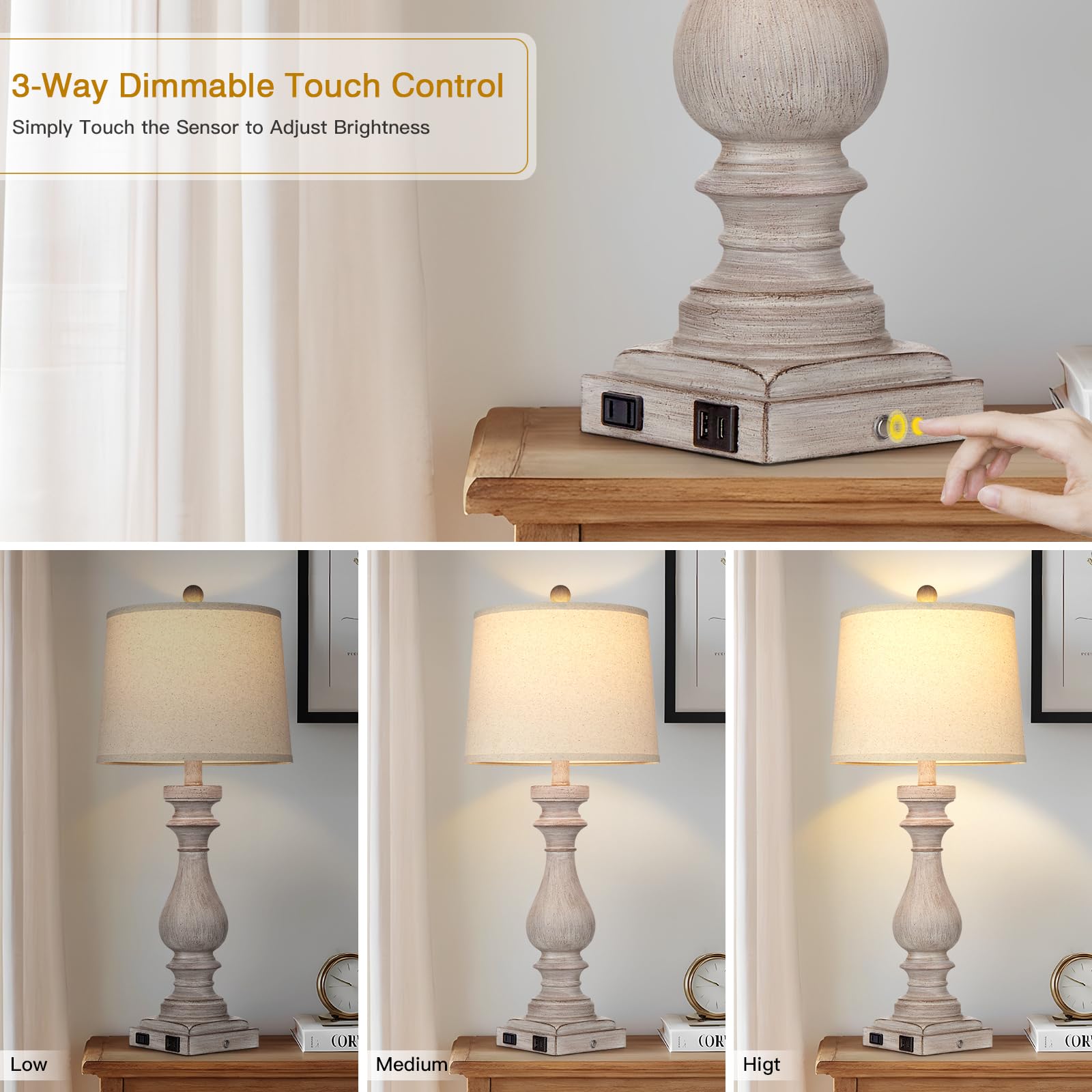 Rinweey 27.5'' Farmhouse Table Lamp For Living Room,Vintage Bedside Lamp With Usb C+A Ports & Ac Outlet,3-Way Dimmable Touch Con