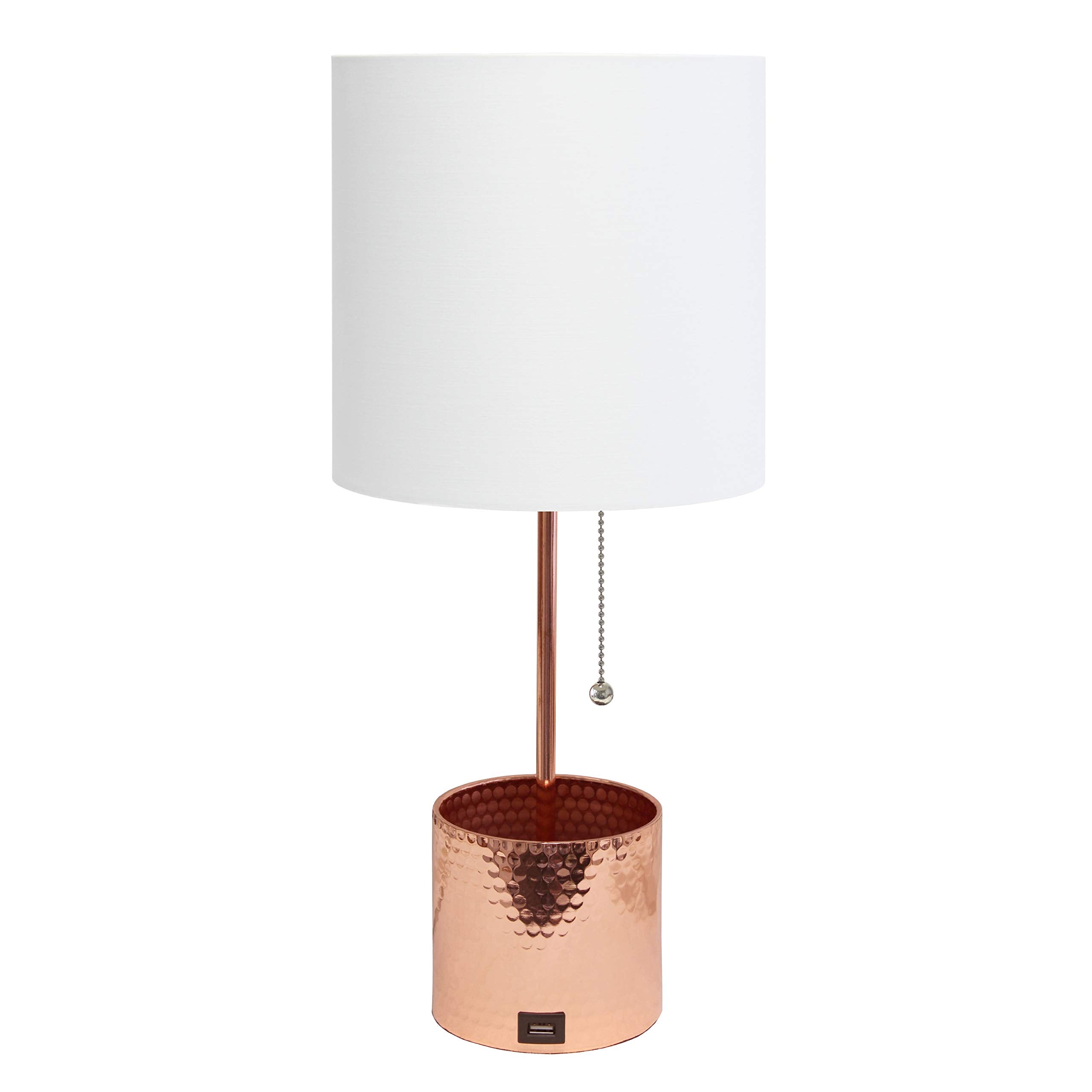 Simple Designs Lt1085-Rgd Hammered Metal Organizer Table Lamp With Usb Charging Port And Fabric Shade, Rose Gold