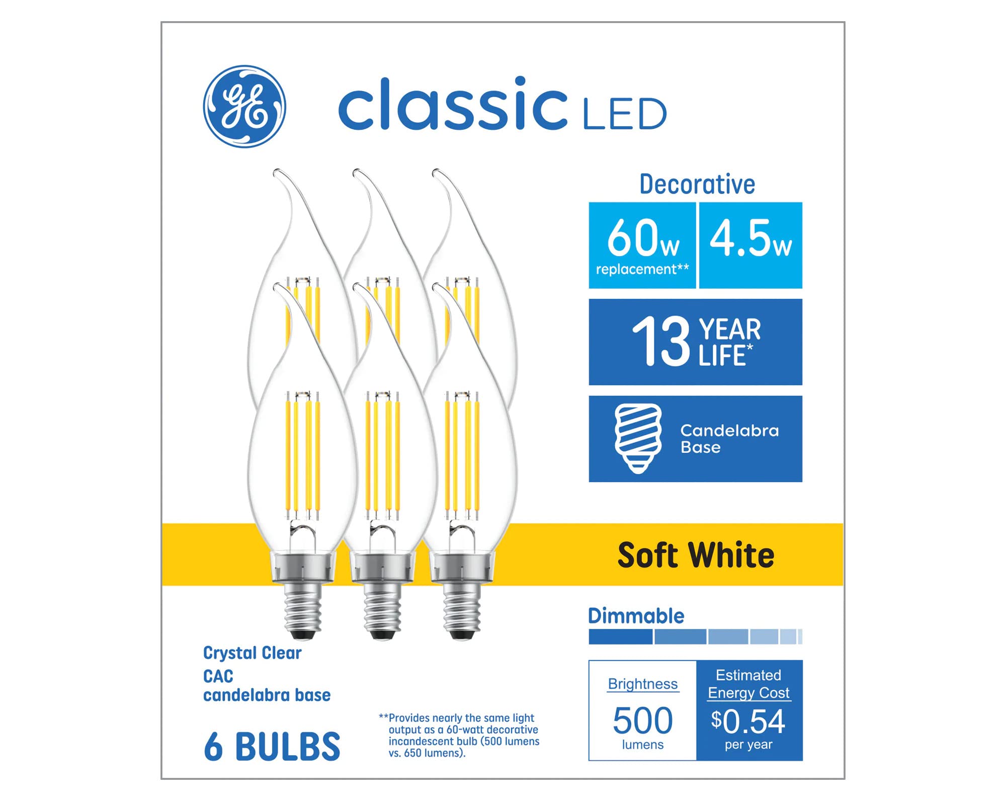 GE Classic 60-Watt EQ CAC Soft White Candelabra Base (e-12) Dimmable LED Candle Bulb (6-Pack)