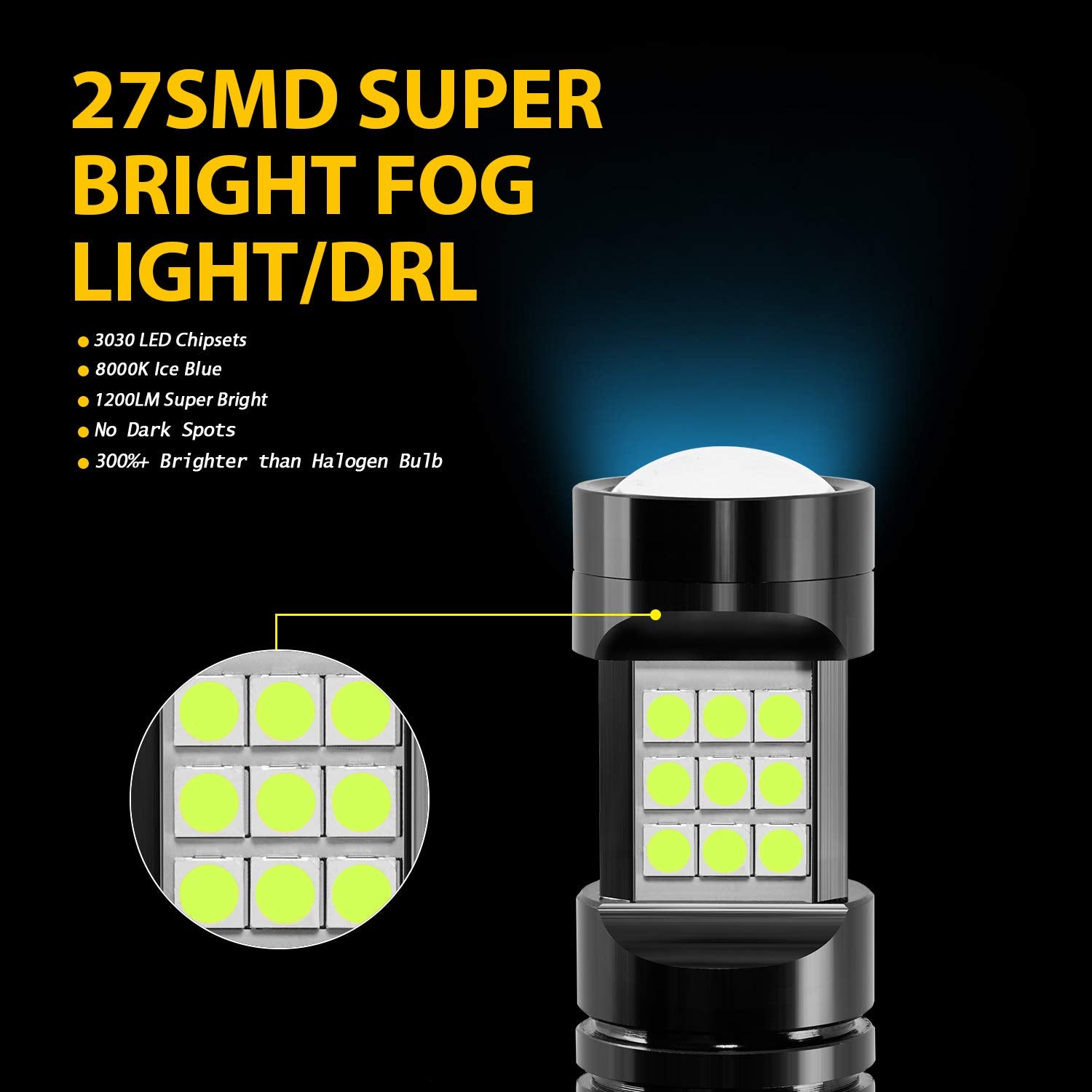 AUXLIGHT H11 LED Fog Light Bulbs, 2400 Lumens, Ice Blue, H8/H11/H16(JP), Aluminum Replacement for Cars and Trucks