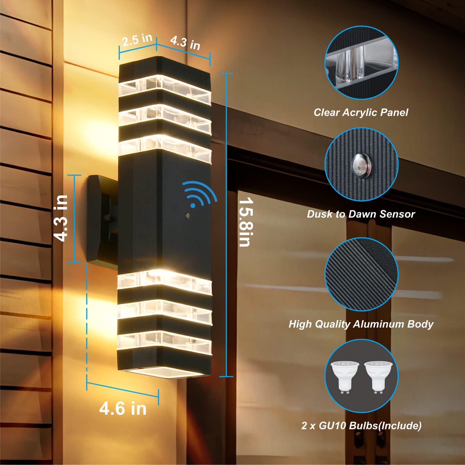 DASTOR Dusk to Dawn Outdoor Wall Light, Waterproof Aluminum Fixture, Black, Square Design, Model DST-221101, 3 Layer-1Pack