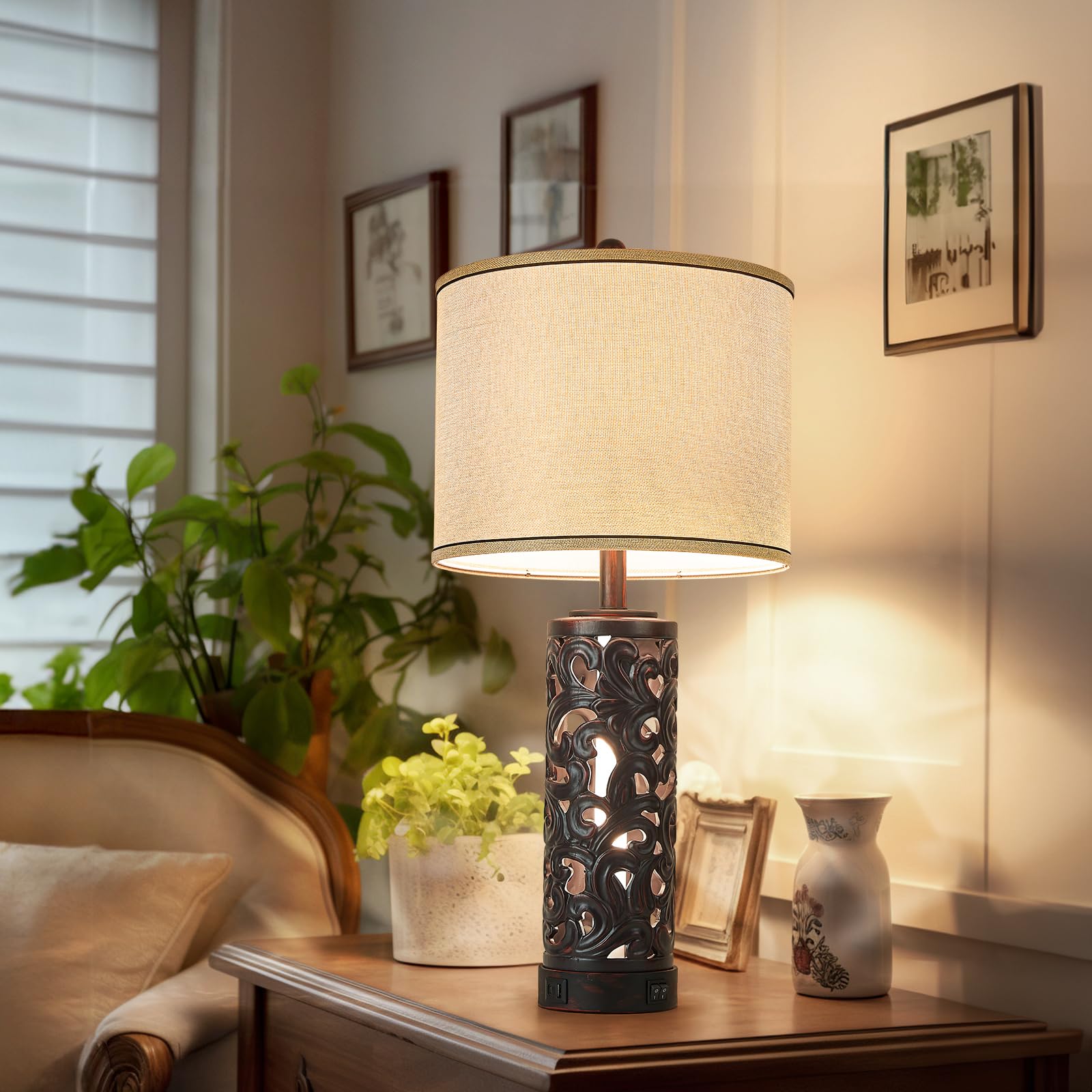 Aidenoey 28&quot; Brown Ceramic Table Lamps Set With Usb Ports & Fabric Shade, 2 Bulbs Included
