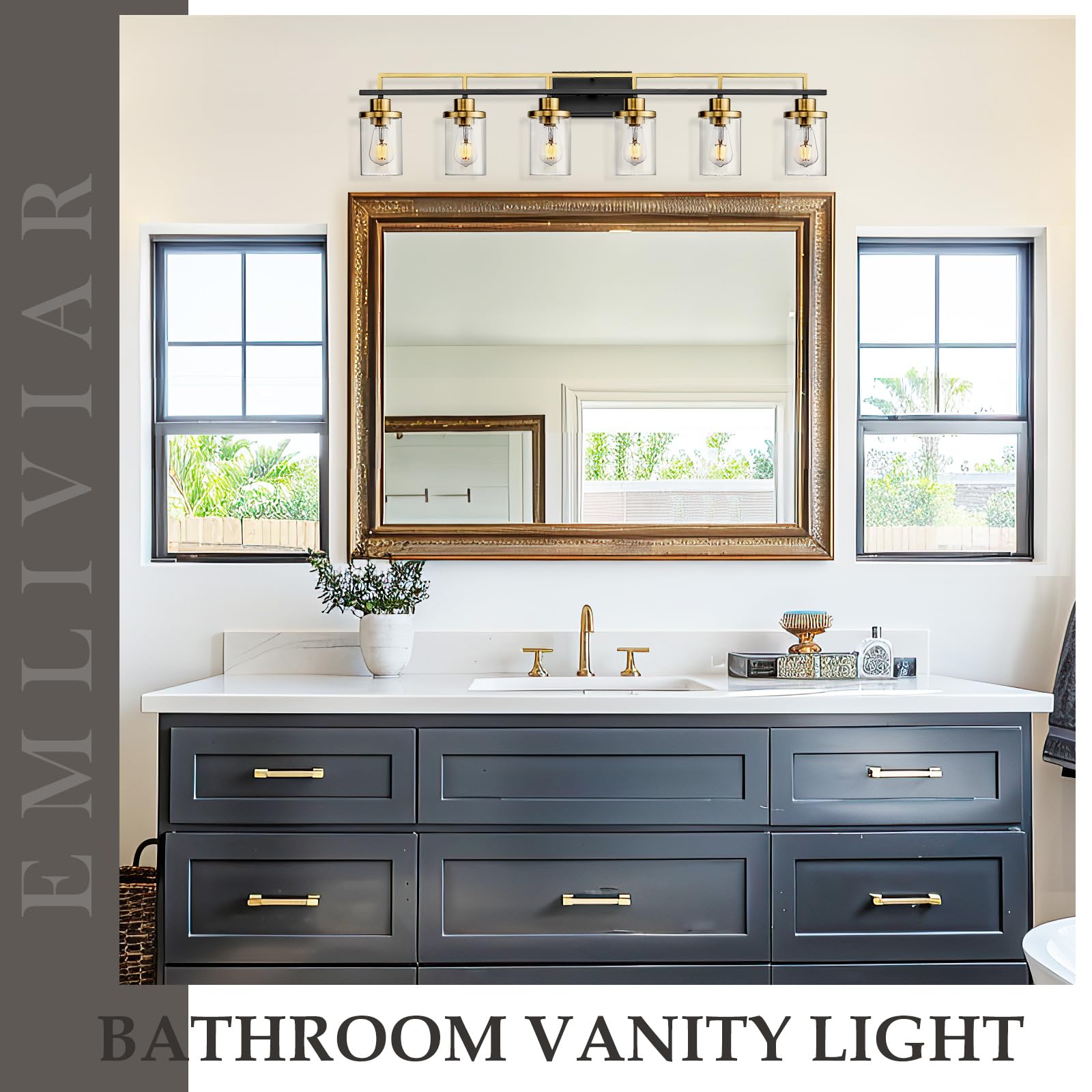 Emliviar 6-Light Farmhouse Wall Sconces, Black & Gold Metal Bathroom Lighting, Model YCE238B-6W BK+BG