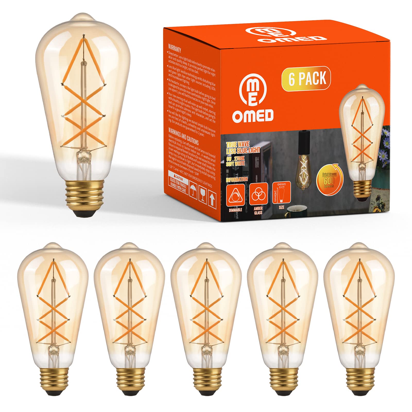 Omed Edison Bulbs Led Lights 60W Equivalent, 6Watt Dimmable Warm White 2700K Amber Glass, Vintage Light Bulb With E26 Base, St64