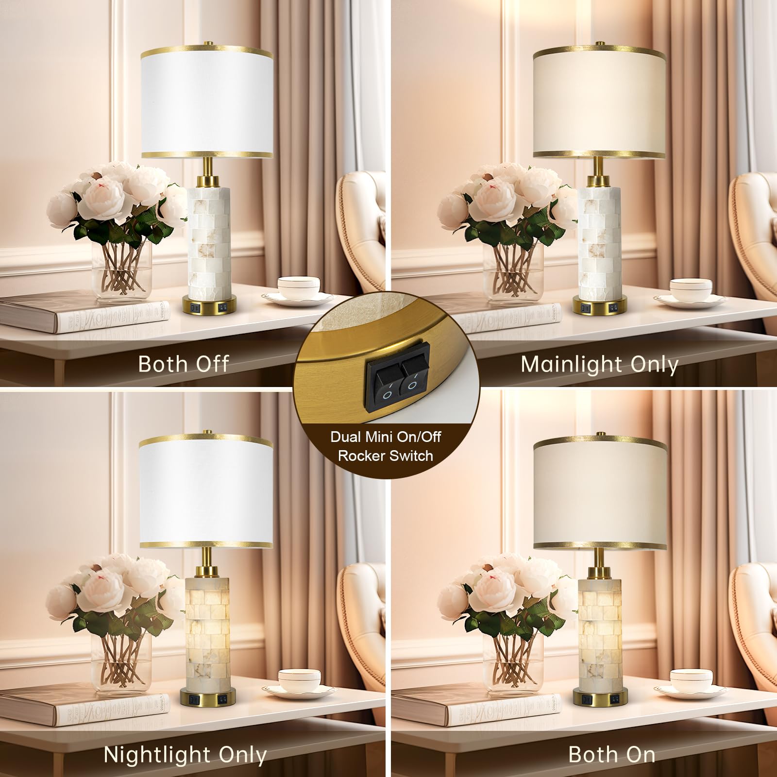 Kivditzo Natural Alabaster Nightstand Lamp Set Of 2 With Usb Ports & Linen Shade, Golden