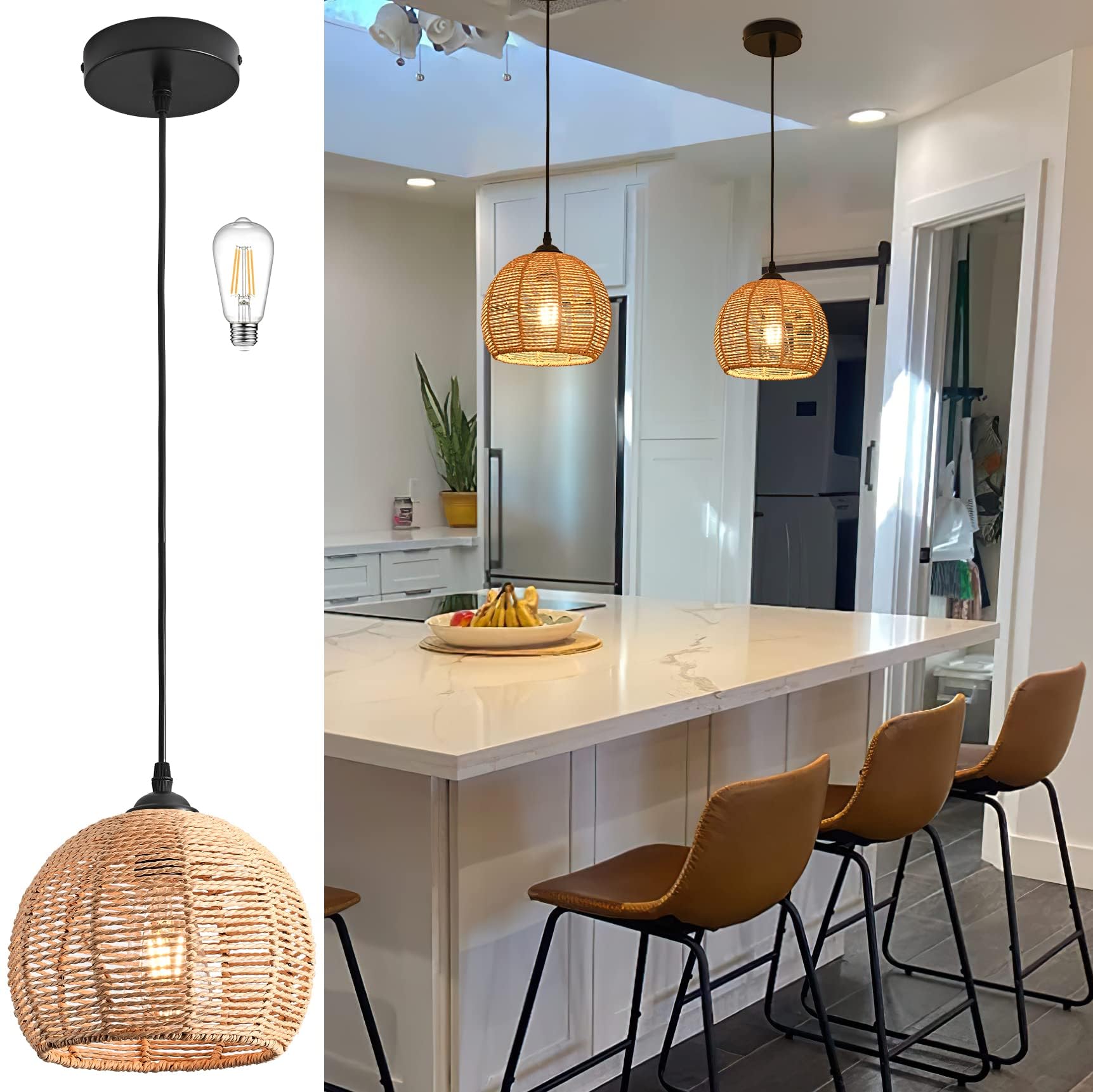 Ayshwilldec Mini Hemp Rope Woven Pendant Light Fixture - Boho Chandelier For Bedroom & Kitchen