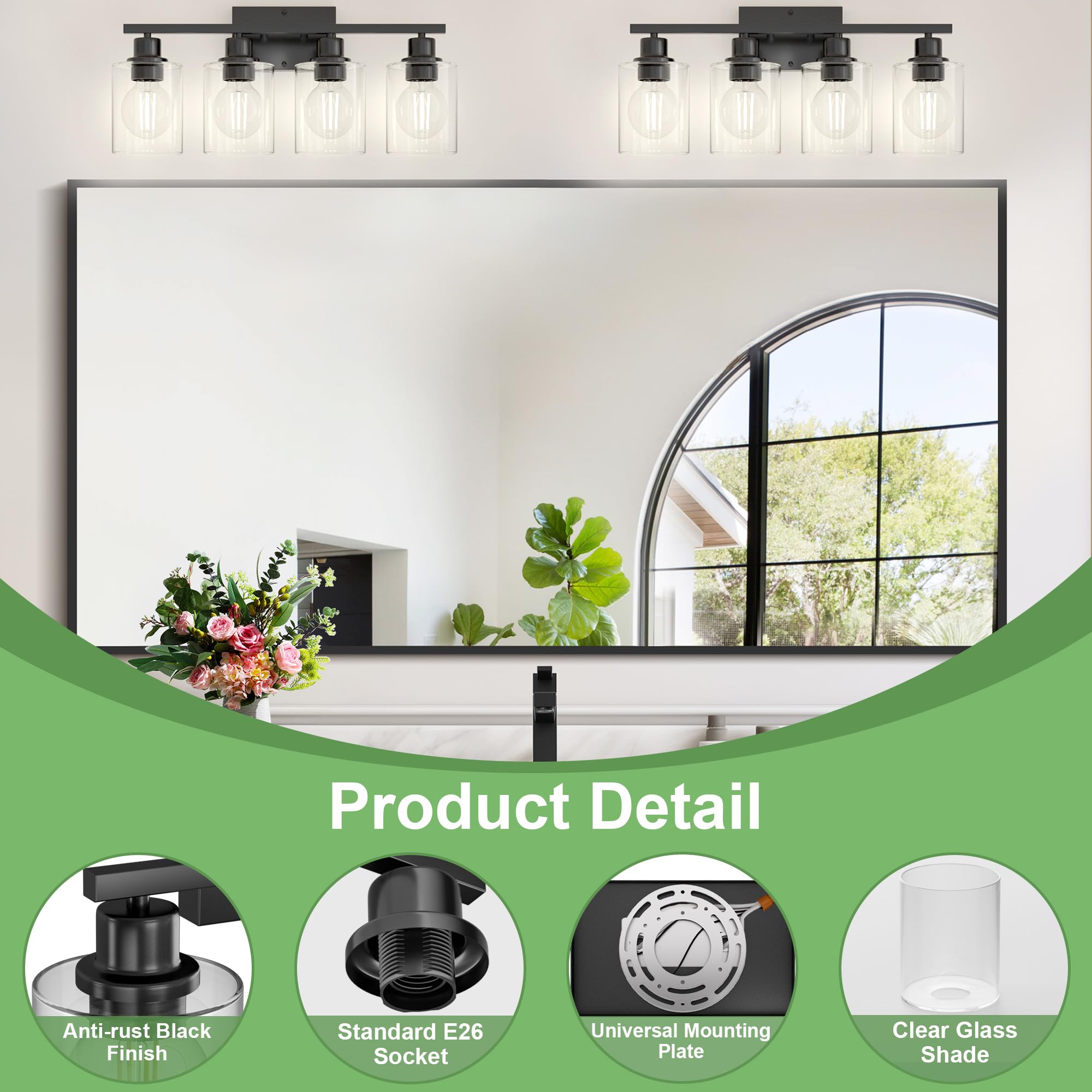 Dekang 4-Light Black Bathroom Vanity Light Fixture, Modern Anti-Rust Wall Sconce With Clear Glass Shades
