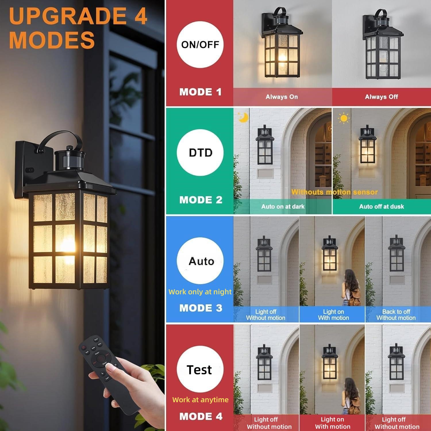 YJXGDIL Motion Sensor Outdoor Wall Lights, Weatherproof, Black, Remote Control, 4 Lighting Modes, 1 Pack, Model H2012-1B-RW