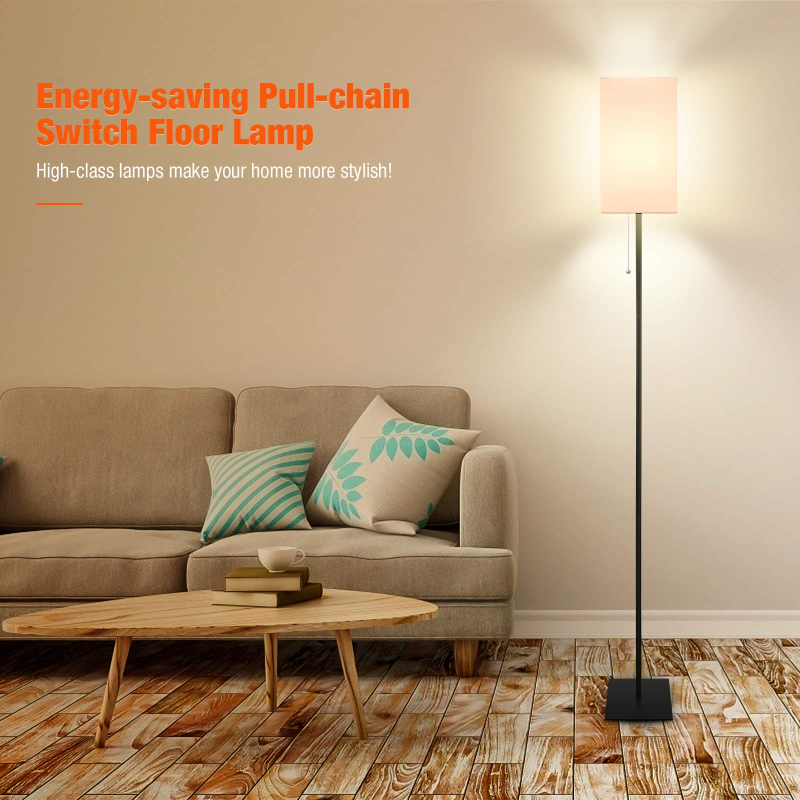 FIGDIFOR Modern Floor Lamp, Black Linen Shade, Simple Design for Living Room, Bedroom, Office, Model FL-201030