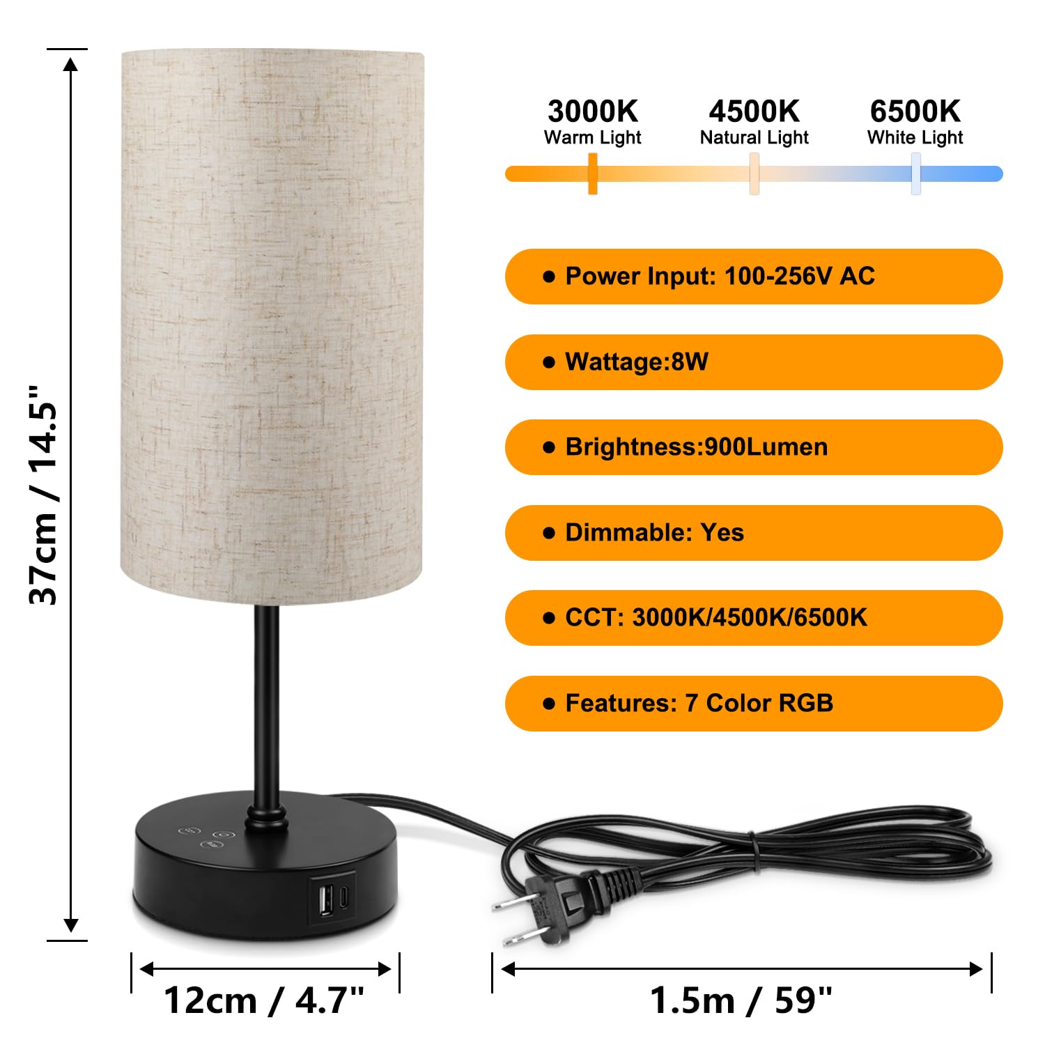 Ascher Rgb Table Lamp Color Changing - 3 Color Temperatures And Stepless Dimmable Small Bedside Lamp For Bedroom, Touch Control