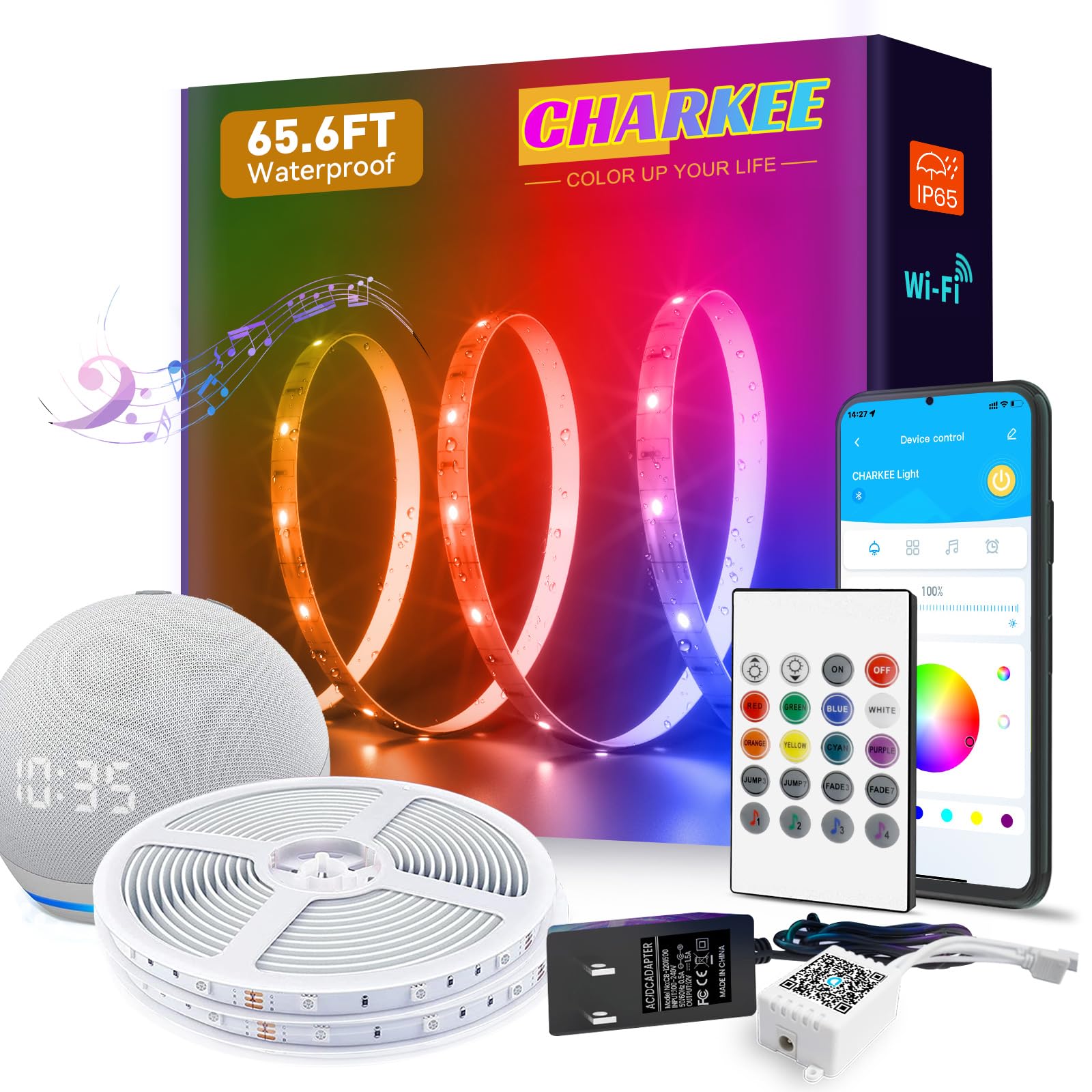 CHARKEE Smart Waterproof LED Strip Lights, 65.6ft, IP65, WiFi, Color Changing, Works with Alexa & Google Assistant, RGB