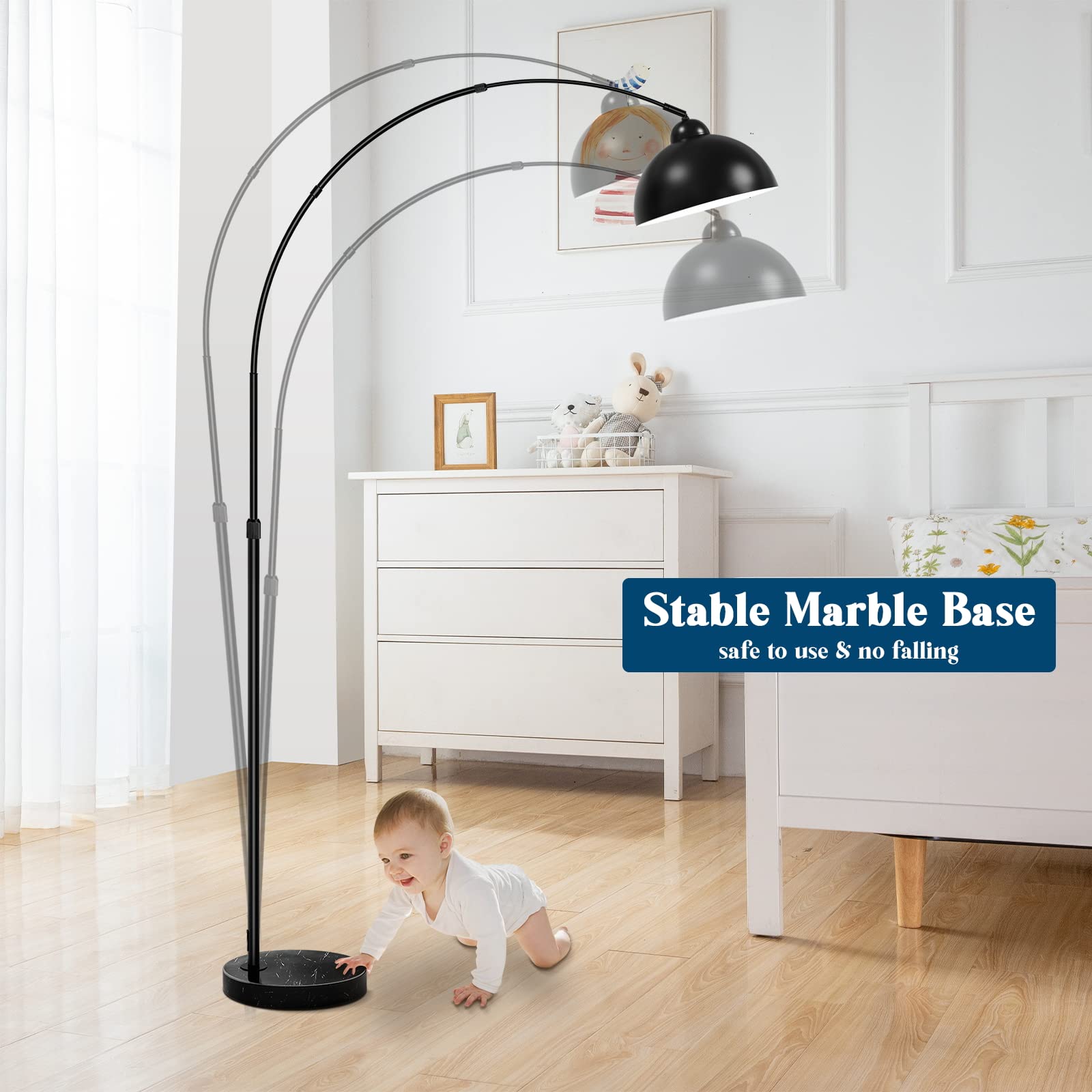 Modern Arc Floor Lamp With Metal Hanging Dome Shade, Industrial Adjustable Over The Couch Stand Up Light, Marble Base Farmhouse