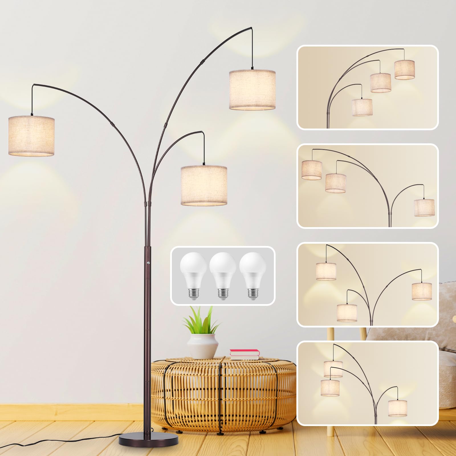 Dllt Modern Floor Lamp For Room: 3-Light Brown Tree Dimmable Floor Lamps With Beige Shades For Living Room - Arc Standing Lamp F