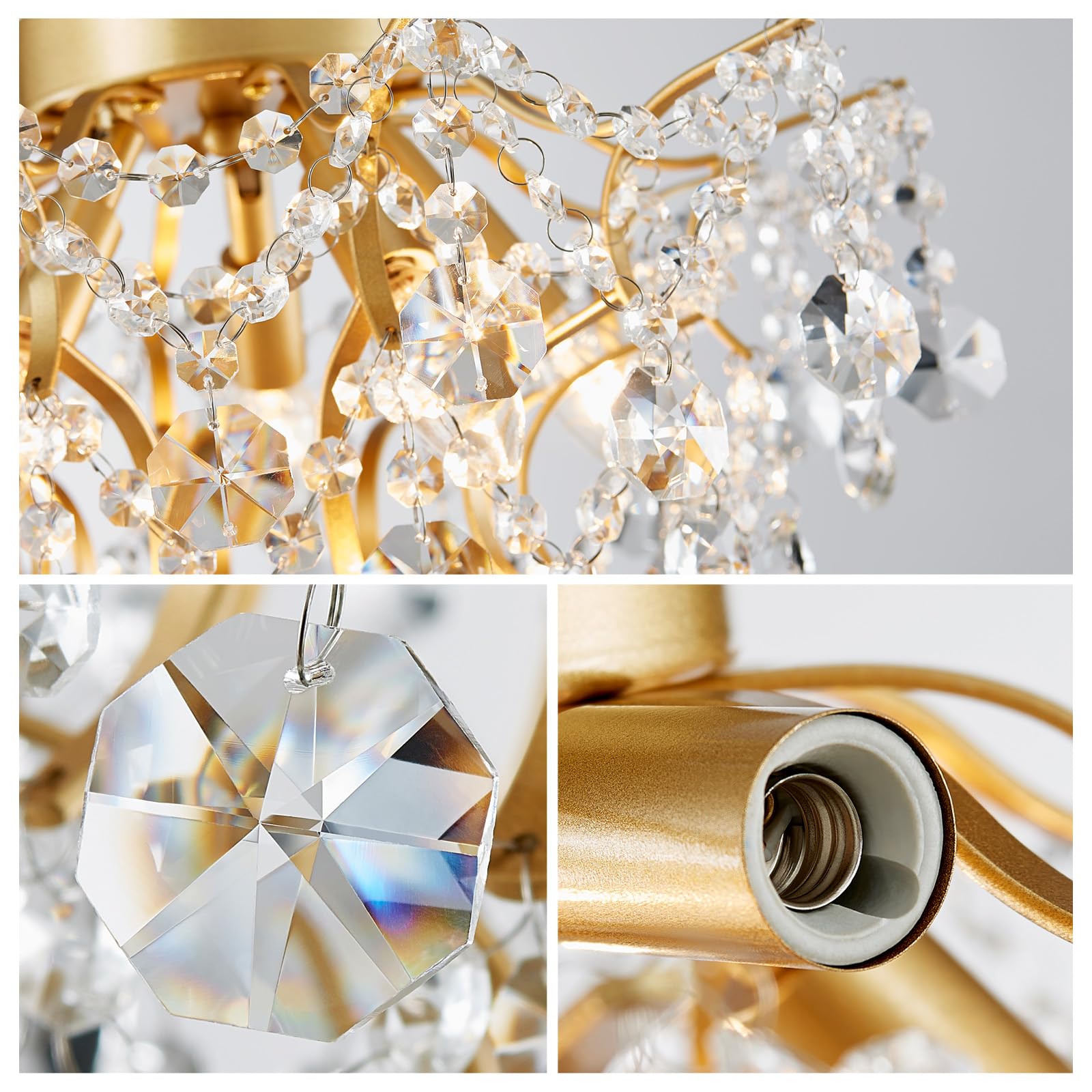 WUZUPS 5-Light Crystal Chandelier Flushmount Ceiling Light, 12" High, 15.4" Wide, Gold, Metal, Model EUHD-5511501GD