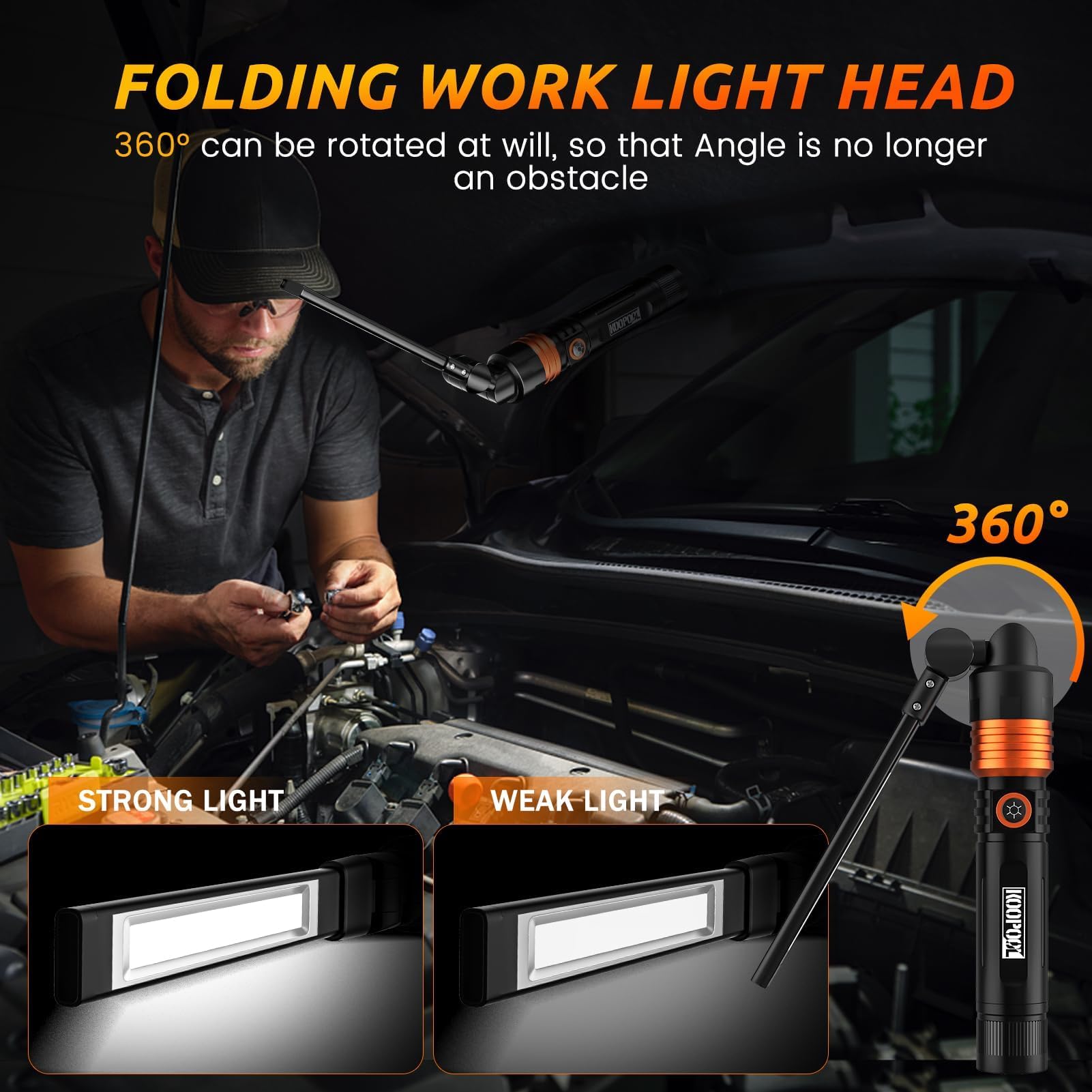 KOOPOOL 3-in-1 Rechargeable Flashlight, 650,000 Lumens, Magnetic Base, Hands-Free, Orange