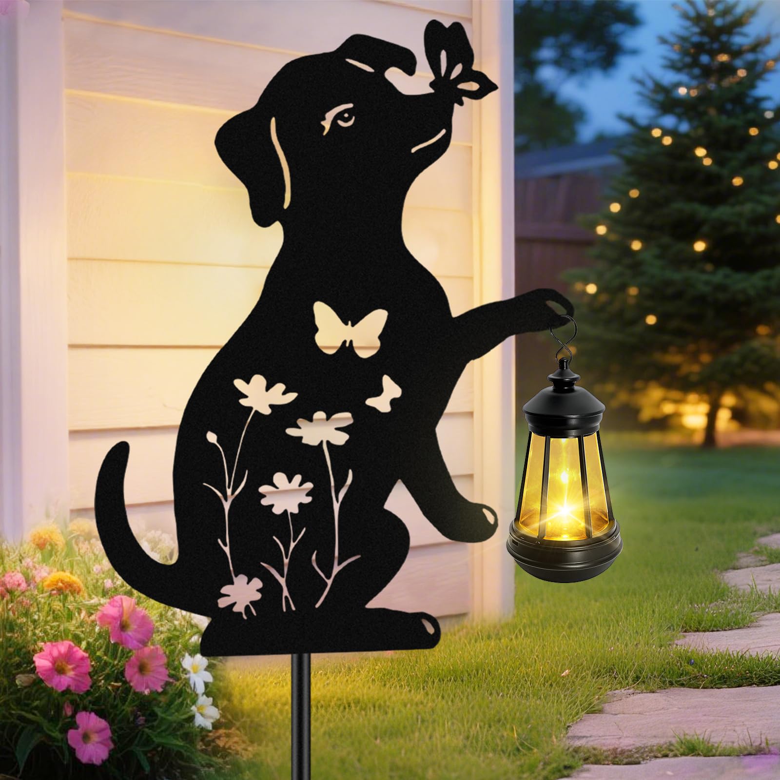 Solar Lights Outdoor Stakes  Metal Dog Solar Lights  Birthday Gifts For Women Mom Grandma  Waterproof Hanging Lantern Garden Silhouette Ornaments Decor Outside Backyard  Yard Art  Patio  Pathway