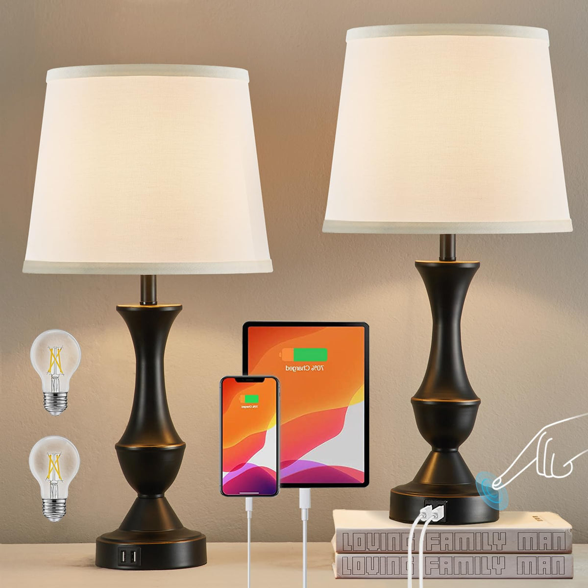 Touch Bedside Lamps For Bedrooms, Living Room, Reading, Office With Usb Ports, 3-Way Dimmable White Nightstand Lamp With Premium