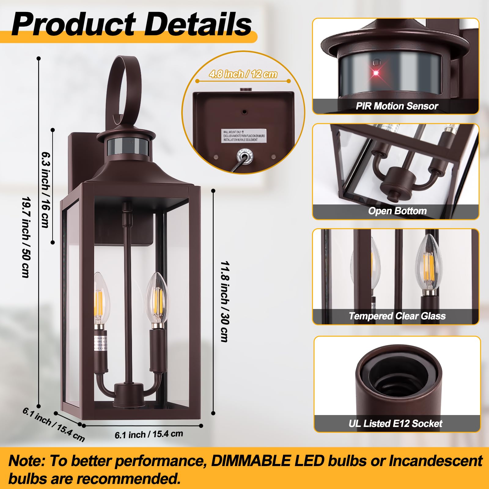 Yolsunes 20&quot; Bronze Motion Sensor Outdoor Light, Dusk To Dawn, Waterproof Wall Lamp, 3 Modes