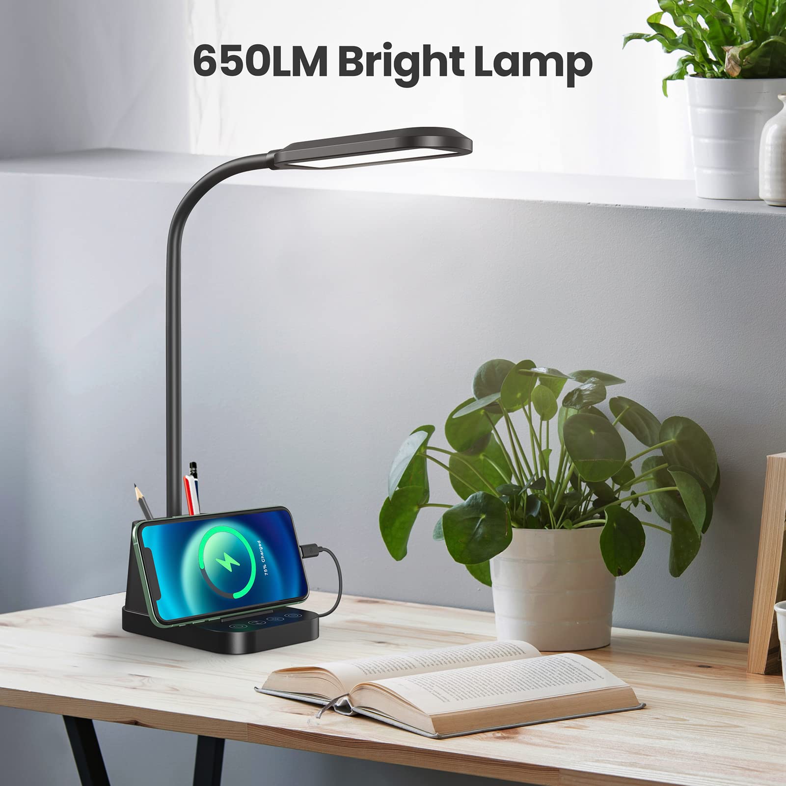Led Desk Lamp With Usb Charging Port, Small Desk Lamps For Home Office, Axx Desk Light For Bedrooms, Black Office Lamp For Small