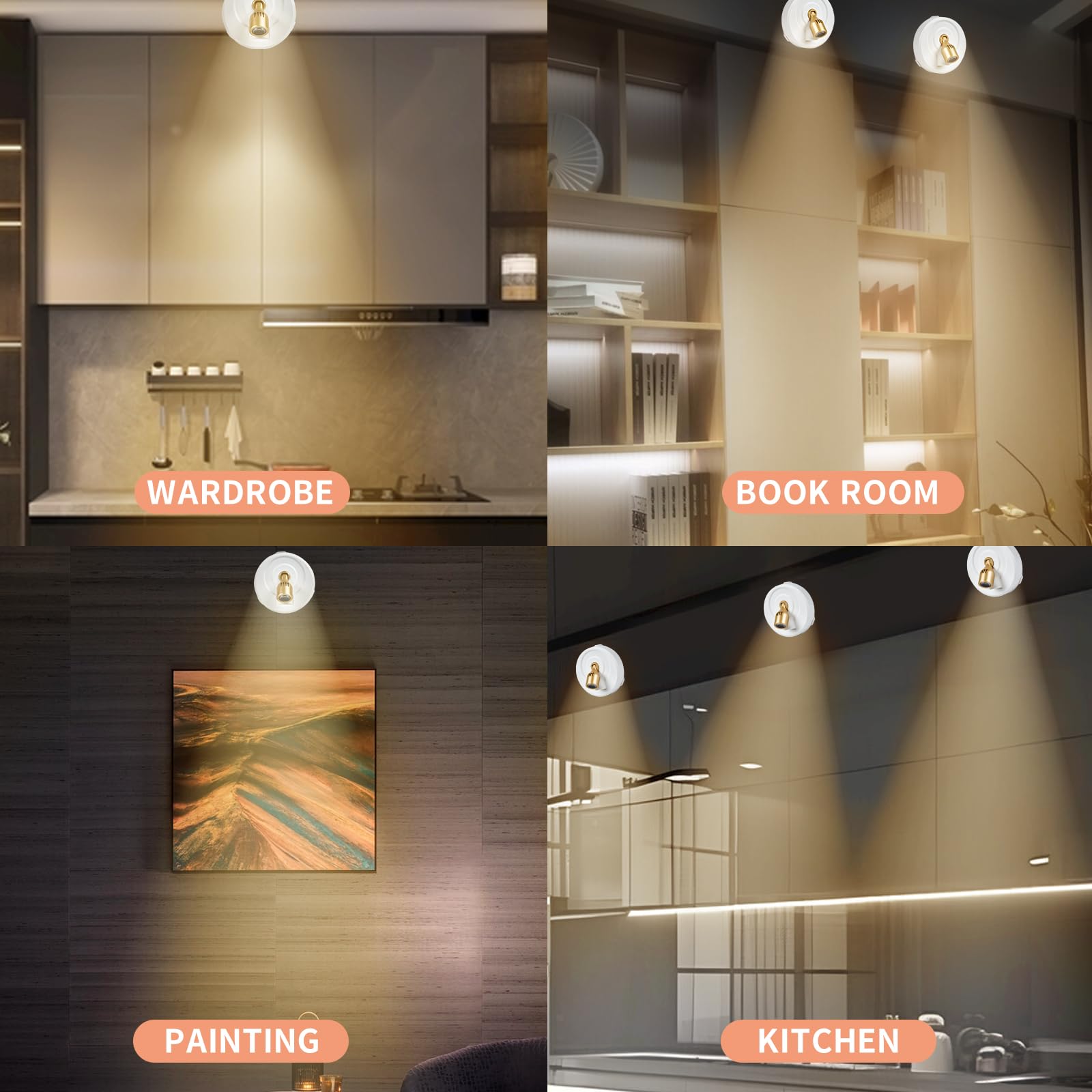 HOFUY 4-Pack LED Spotlight Picture Lights, Wireless, Dimmable, Remote Control, Battery Operated, White-G, Model: Spot-Bj-4