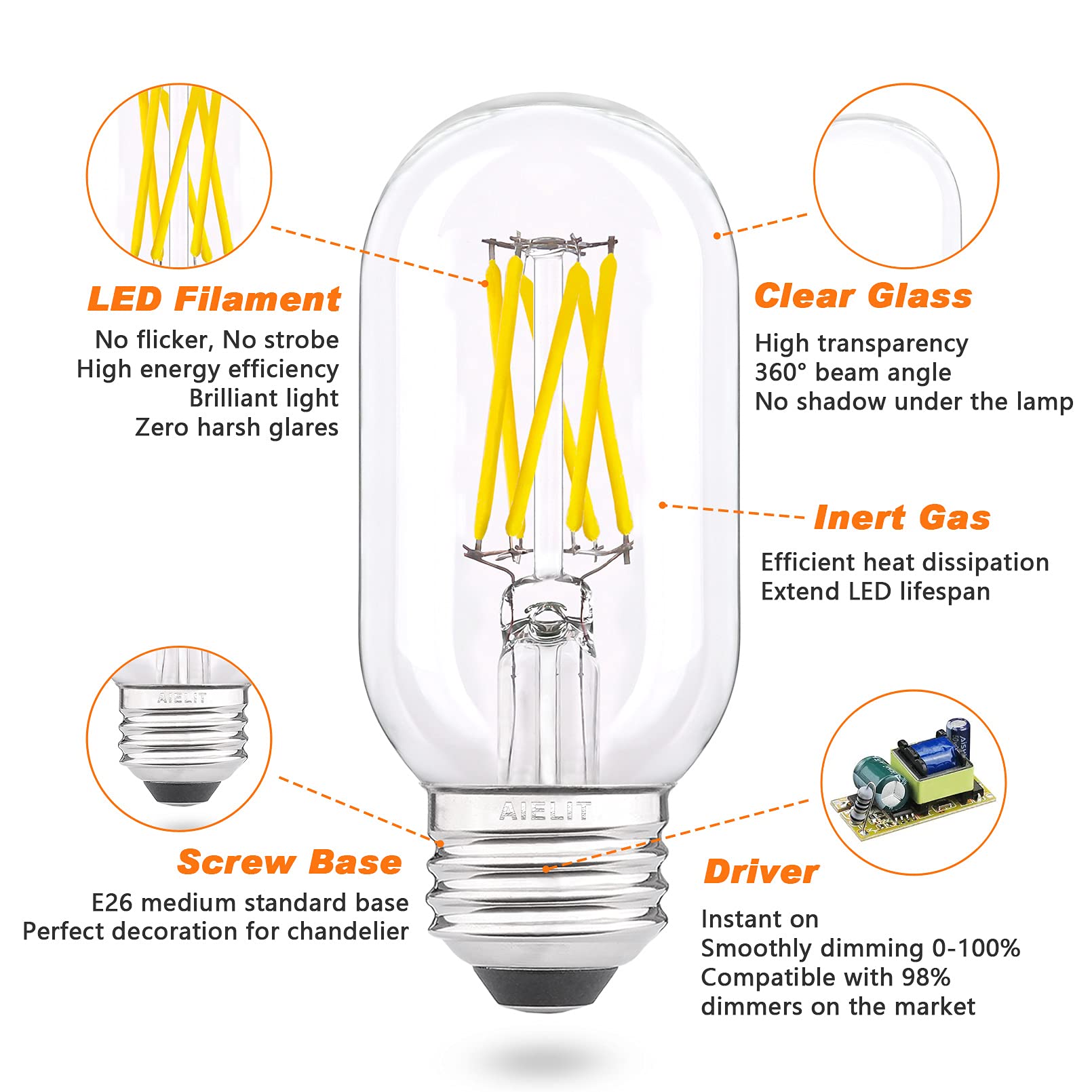 Aielit Dimmable Ceiling Fan Light Bulbs 60 Watt Equivalent, 6W Tubular T45/T14 Led Bulbs For Office School Restaurant Glass Mason Jars Chandelier Hanging Pendant Lamp, Clear Bright White 5000K, 4 Pcs