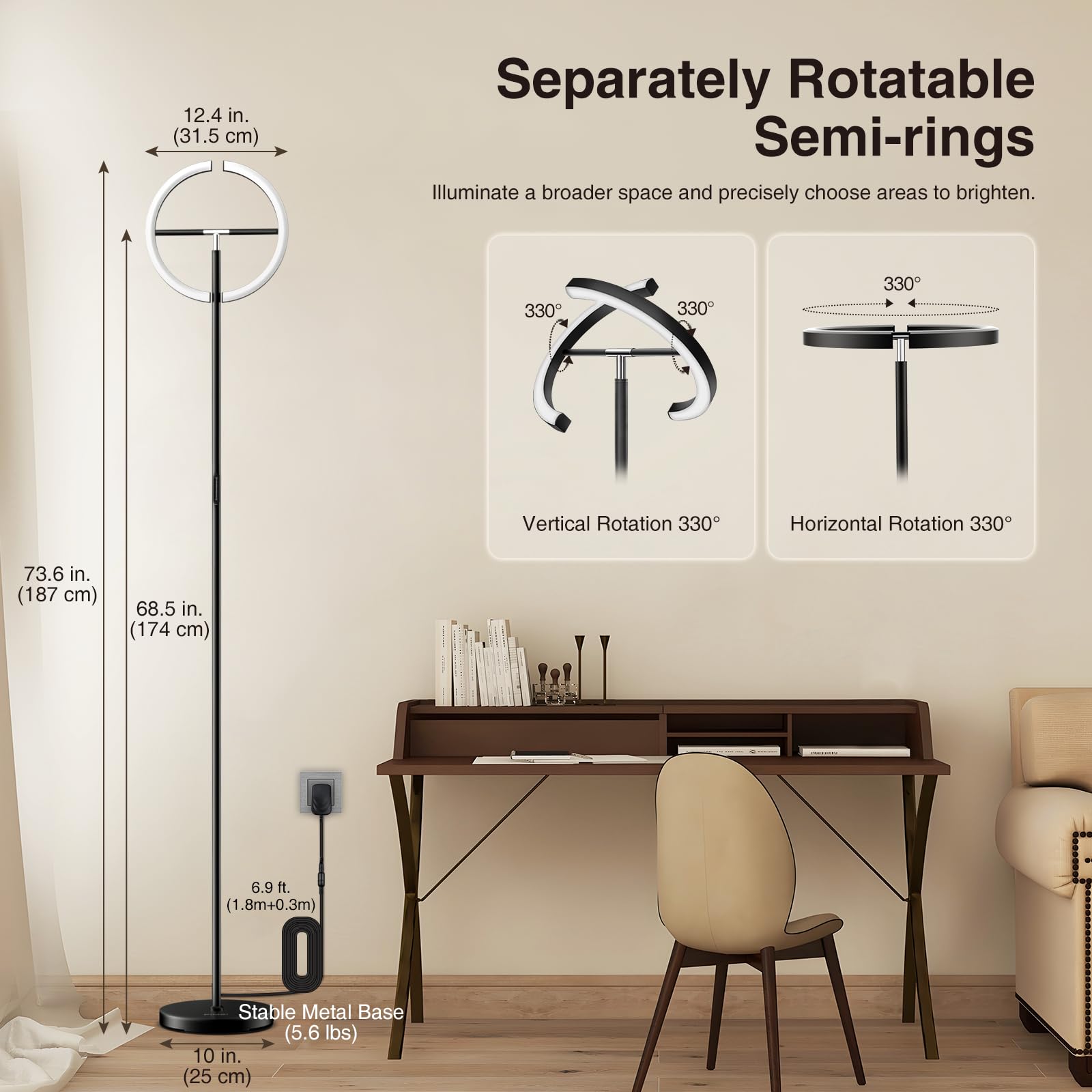 FIMEI Modern LED Rotatable Floor Lamp, Eye-Protection, Stepless Dimming, 3000K-6000K, Black, Model: 03662e1d-088f