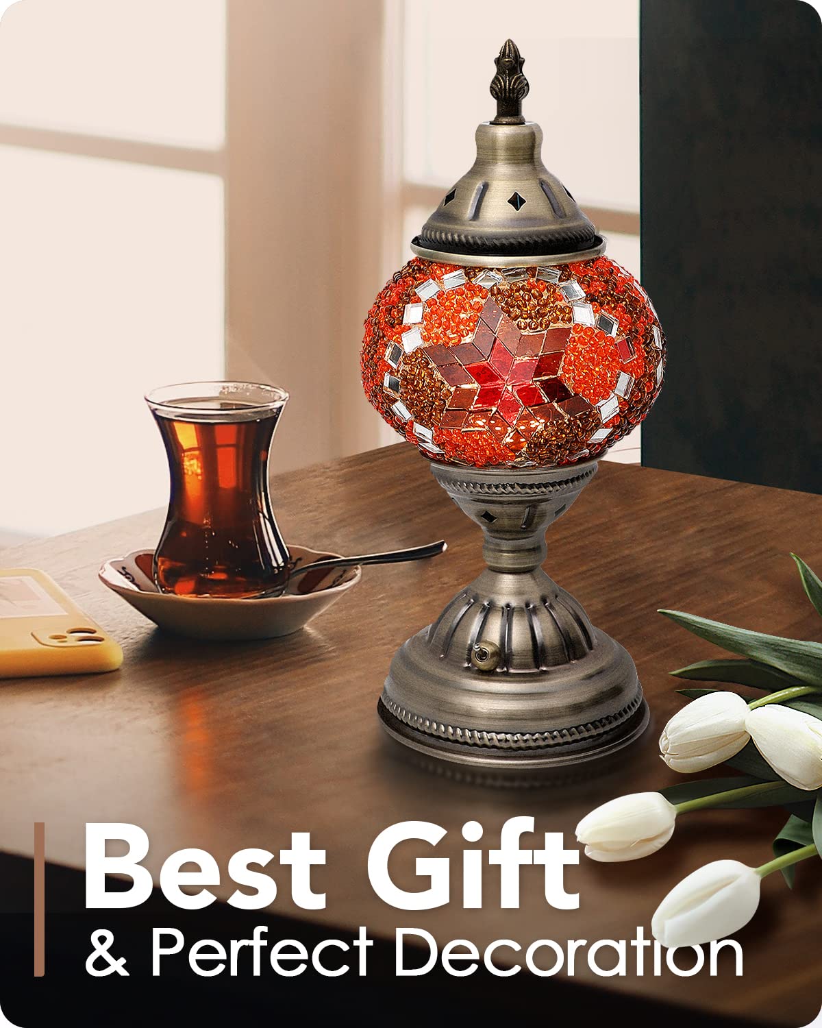 Yarra-Decor Turkish Moroccan Lamp, Handmade Tiffany Mosaic Glass, Portable Bedside, Rechargeable Battery 2000mAh, Red2