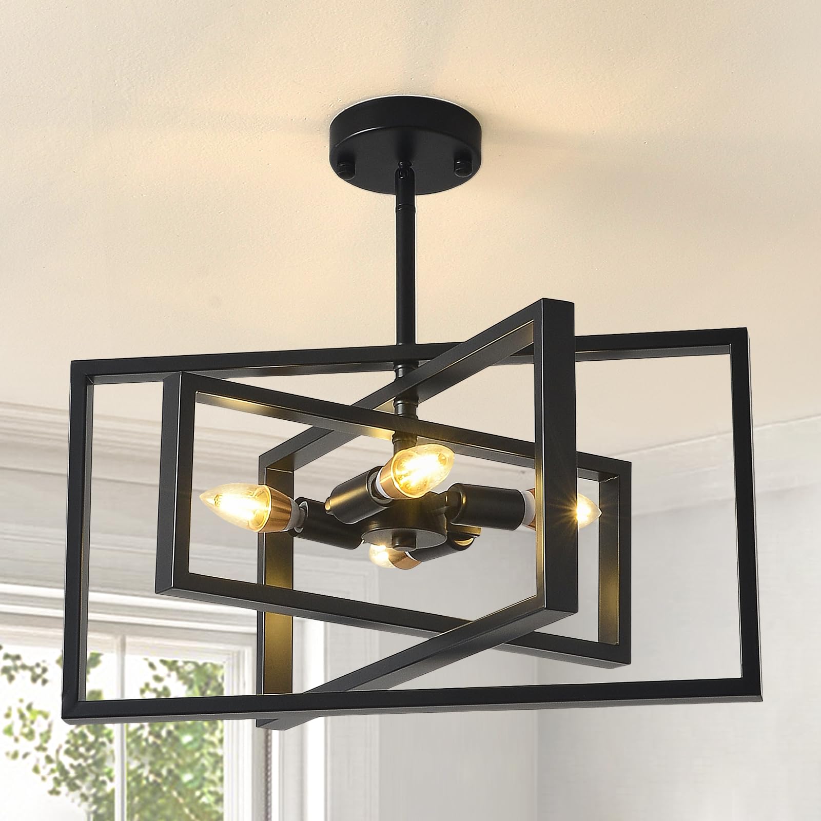 Axamate Farmhouse Black Chandelier 4 Lights Rectangular Pendant Light with Metal Cage Semi Flush Mount Ceiling Light for Kitchen