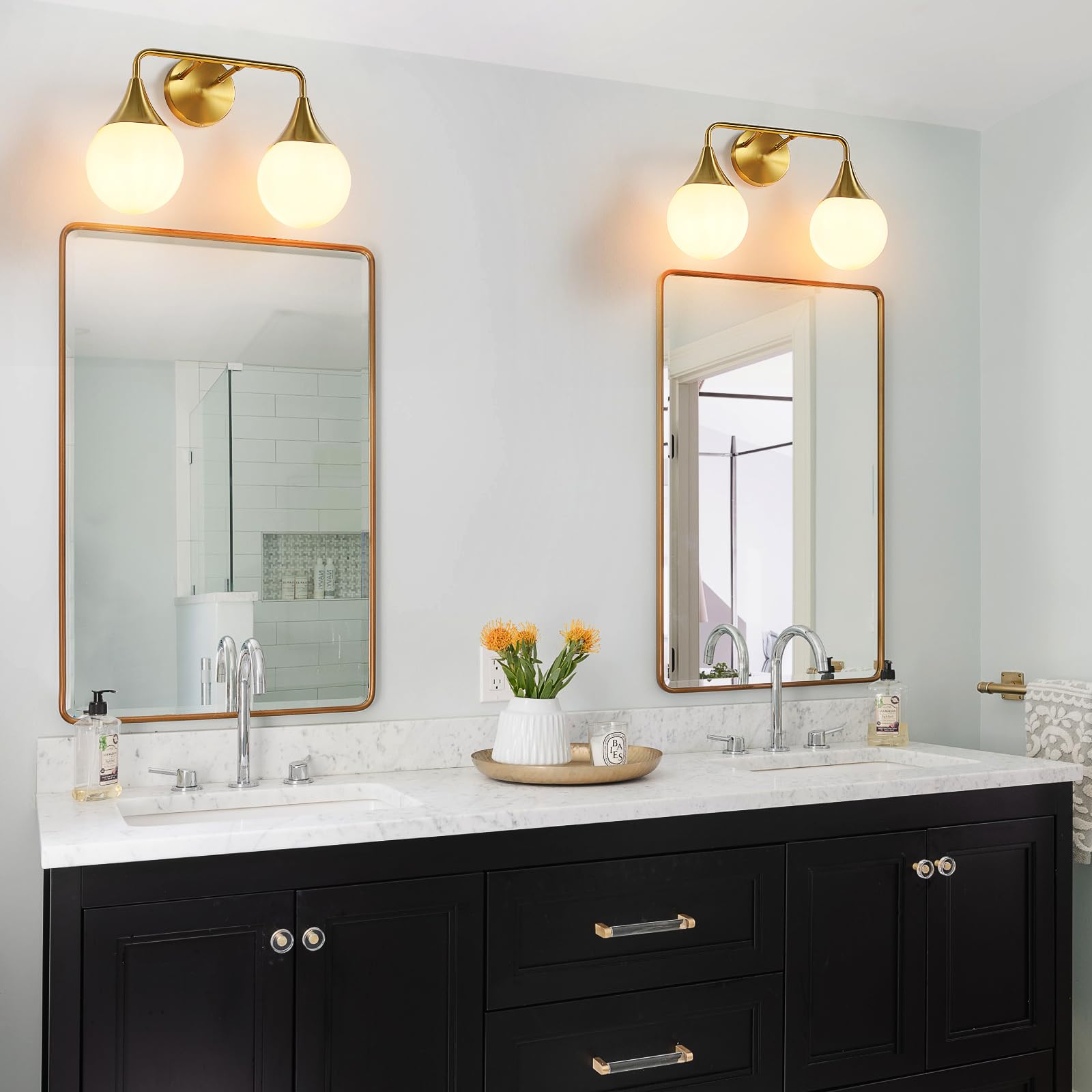 HAHZT 2-Light Bathroom Vanity Light Fixture - Brushed Gold Metal Sconce with Frosted Glass - Model 8089ML