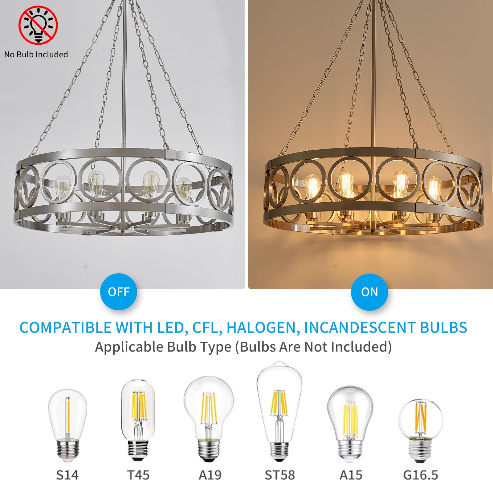 XINGQI 32.3" Large Brushed Nickel Drum Chandelier, 8-Light Modern Pendant Lighting for Dining Room, Living Room, Kitchen Island