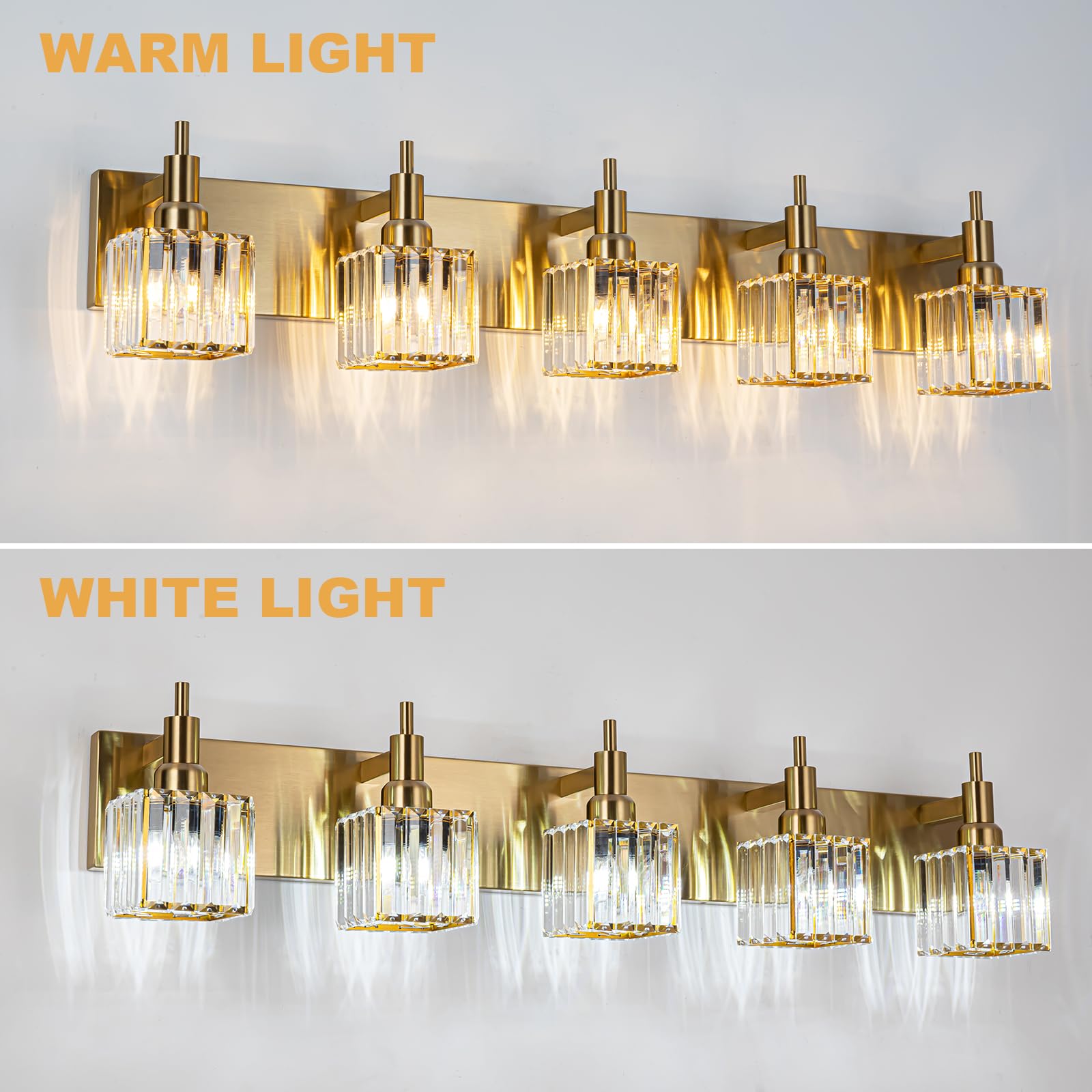 Huoku Gold Bathroom Vanity Lights - 5 Lights Crystal Bathroom Lighting Fixtures Over Mirror Modern Gold Crystal Wall Light