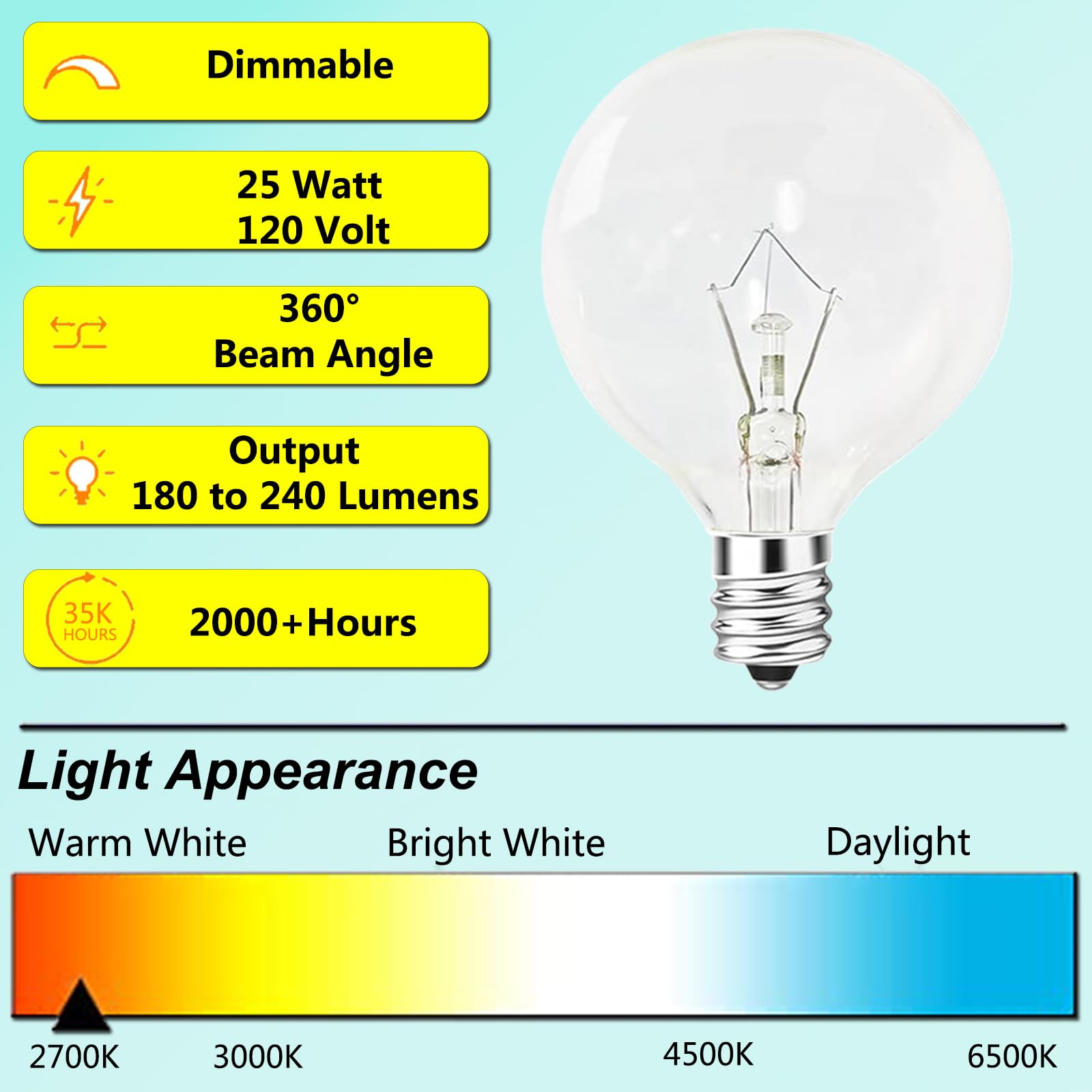 PaeorRorL G50 Wax Warmer Bulbs - 25W Dimmable Clear Glass E12 Base, 2700K Warm White, 6 Pack