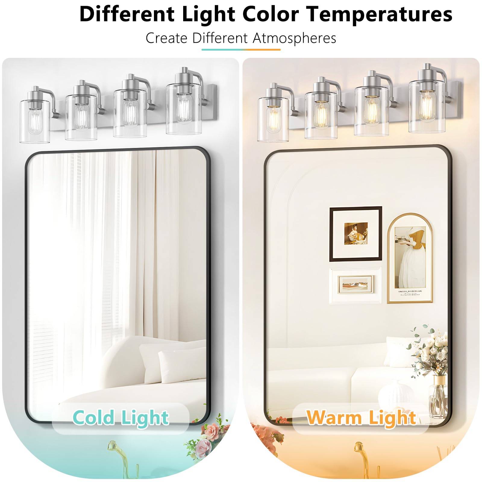 Dpyrrhic Brushed Nickel Bathroom Light Fixtures, Wall Mounted 4-Light Bathroom Lights Over Mirror With Clear Glass Shade,Wall Sc