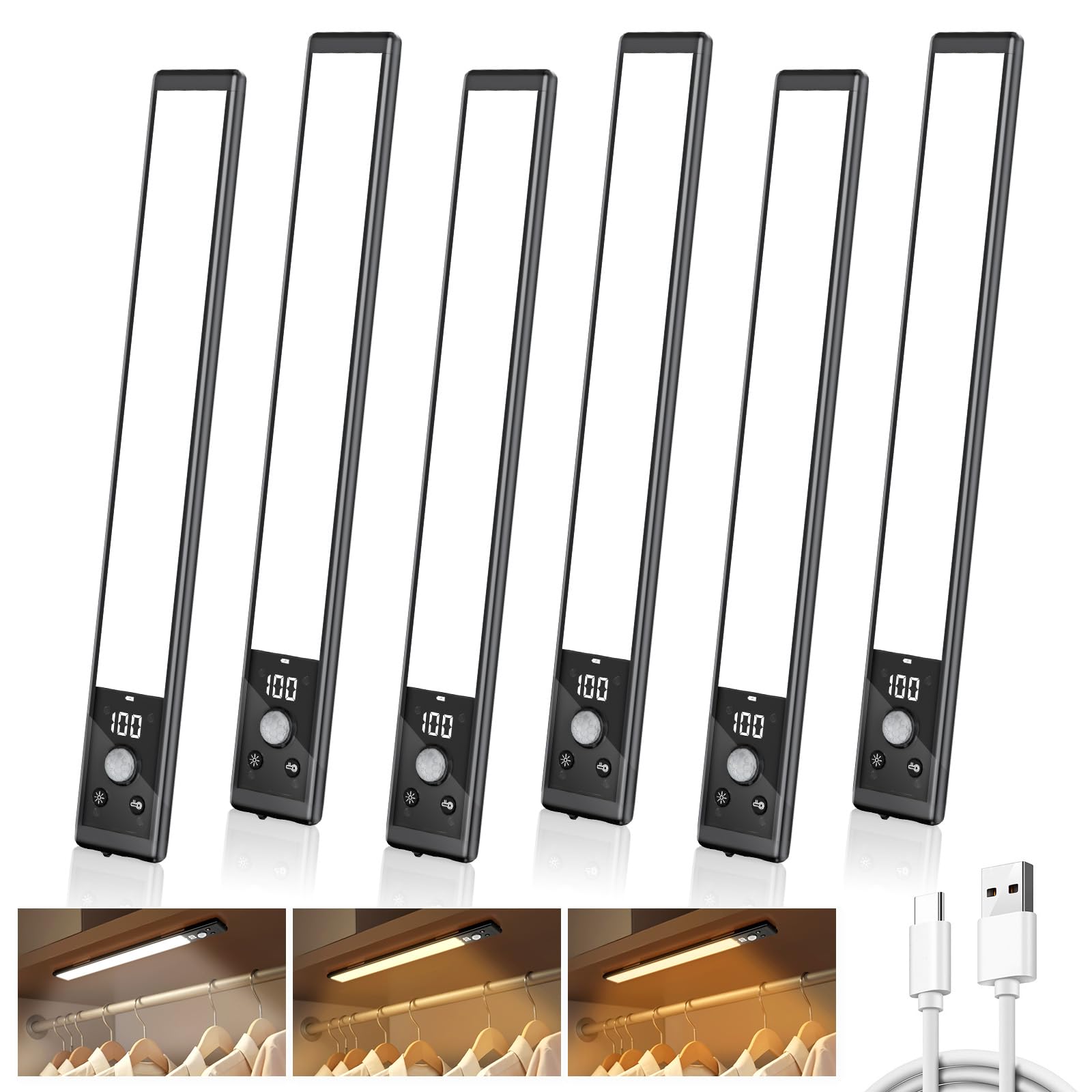 Mpotmiy 6 Pack 12 Under Cabinet Lights with Digital Display 2200mAh Rechargeable Motion Sensor Light Indoor 3 Color Temperatures  Magnetic Dimmable Closet Lights  Under Counter Light for Kitchen