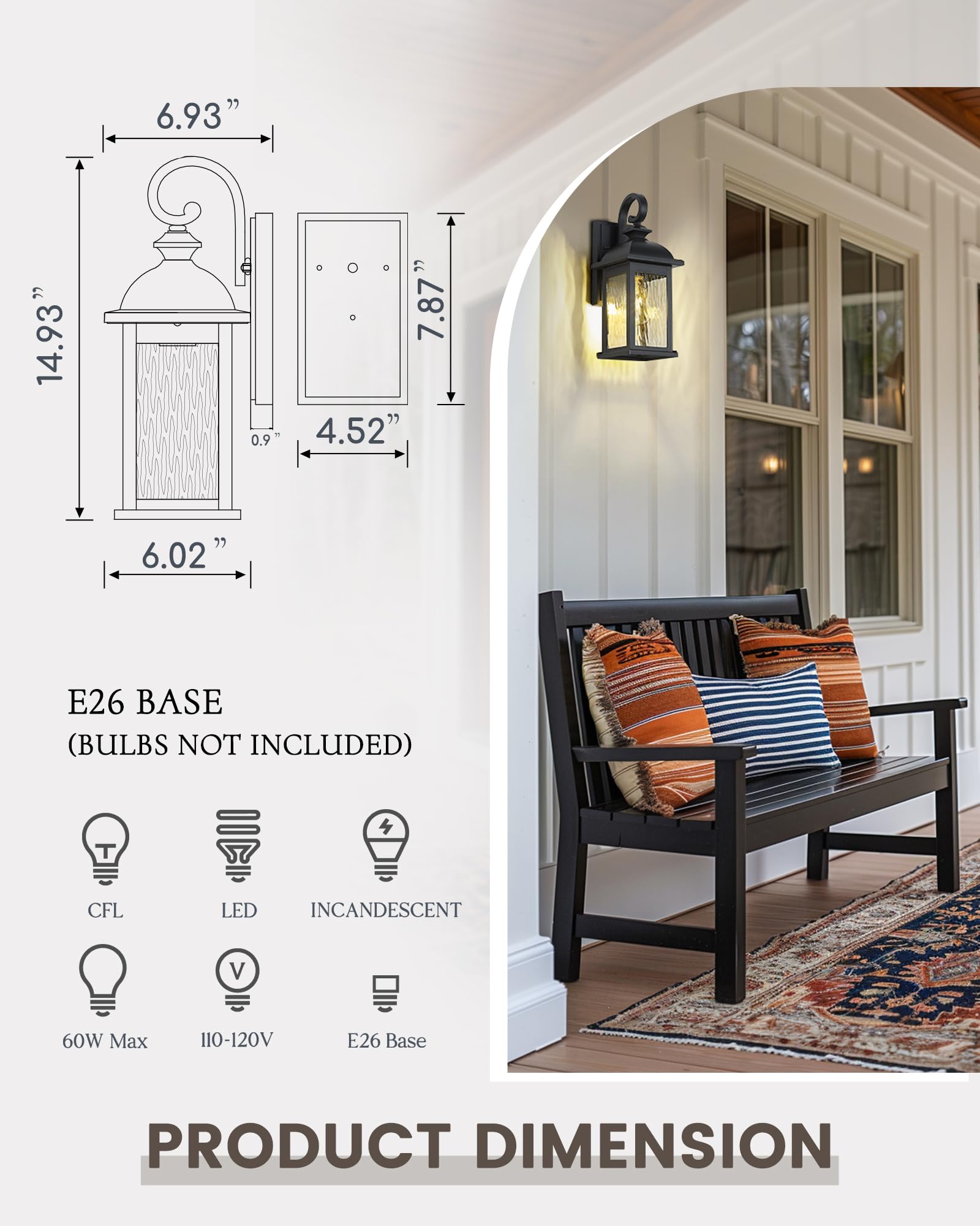 FEMILA Outdoor Wall Light Fixture, 1-Light Waterproof Sconce, 15" Matte Black with Water Ripple Glass, Anti-Rust Design