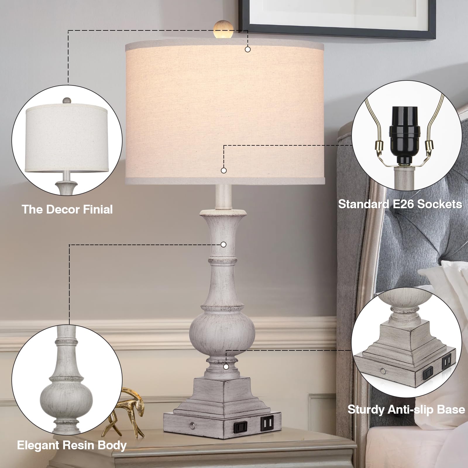 26" Farmhouse Table Lamps Set Of 2, Rustic Touch Control Bedside Lamps With 2 Usb Ports & Ac Outlet, Vintage Resin 3-Way Dimmable Nightstand Lamp Linen Fabric Shade For Living Room Bedroom Decor Gray