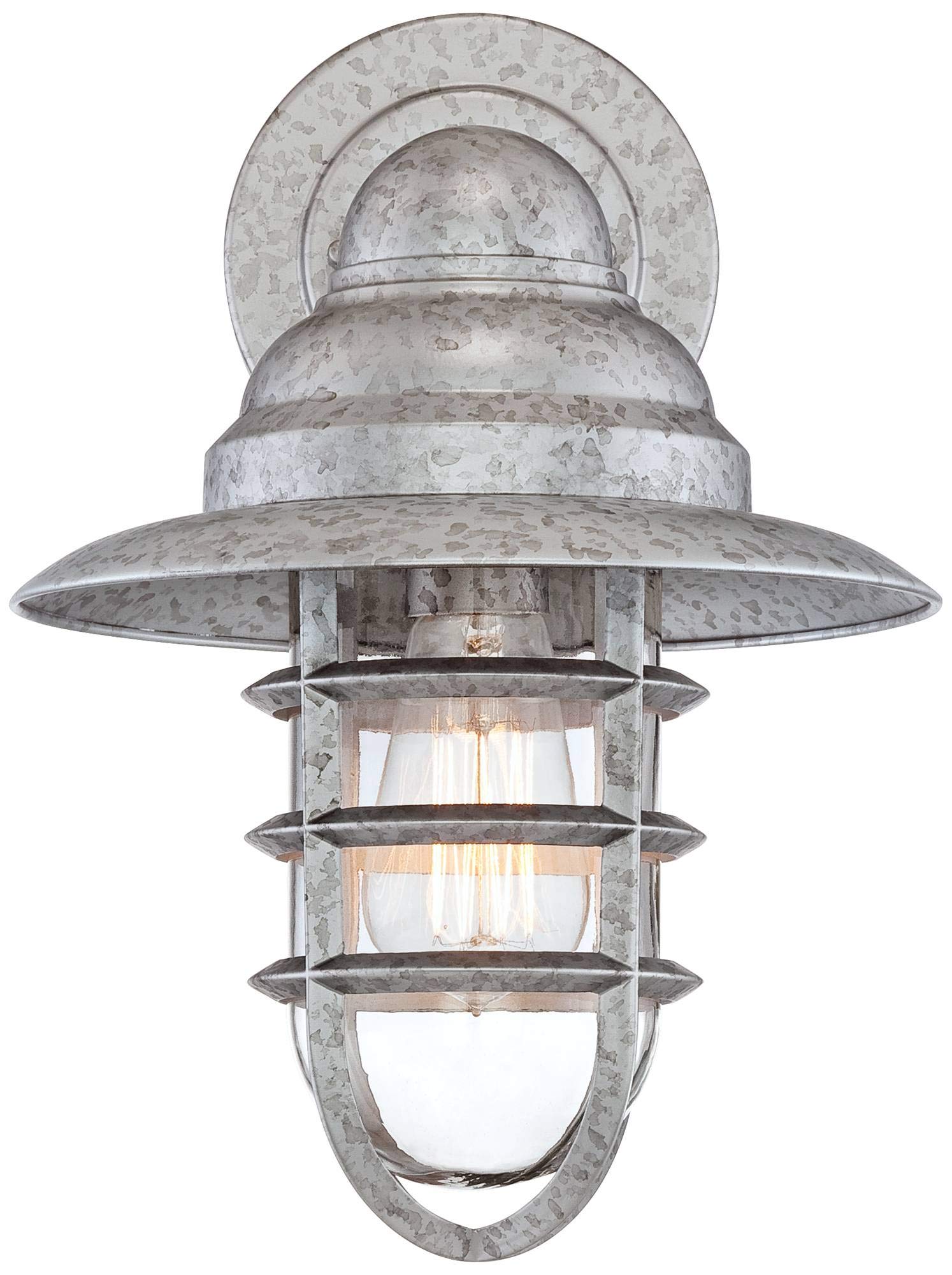 John Timberland Outdoor Wall Light Fixture Set of 2, Hooded Cage, Galvanized Metal, Clear Glass Shade, Silver, Model 886305419316