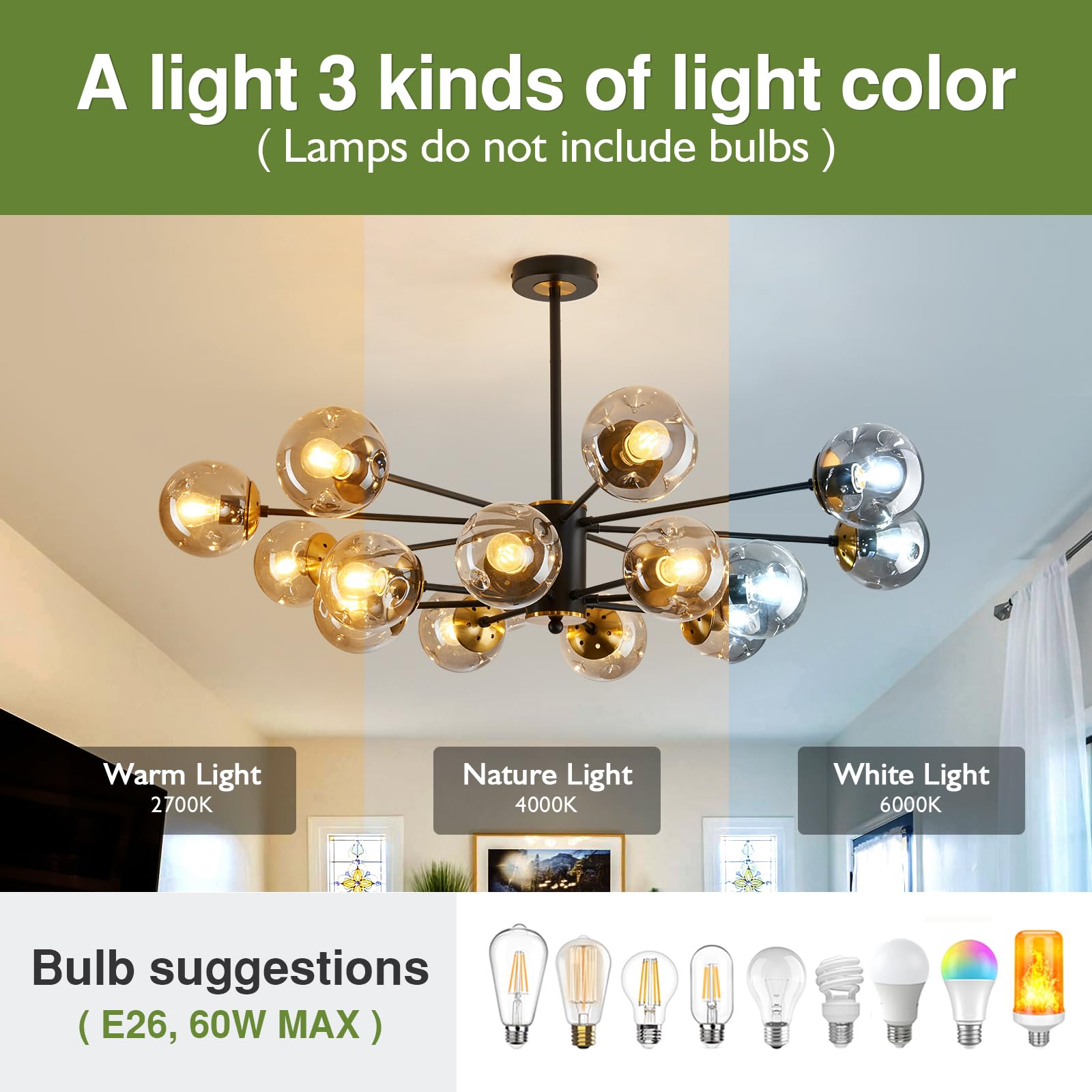 SZXYKEJI 16-Light Glass Globe Chandelier, Mid Century Black and Gold Pendant Light for Living Room, Kitchen, Dining Room, Bedroom