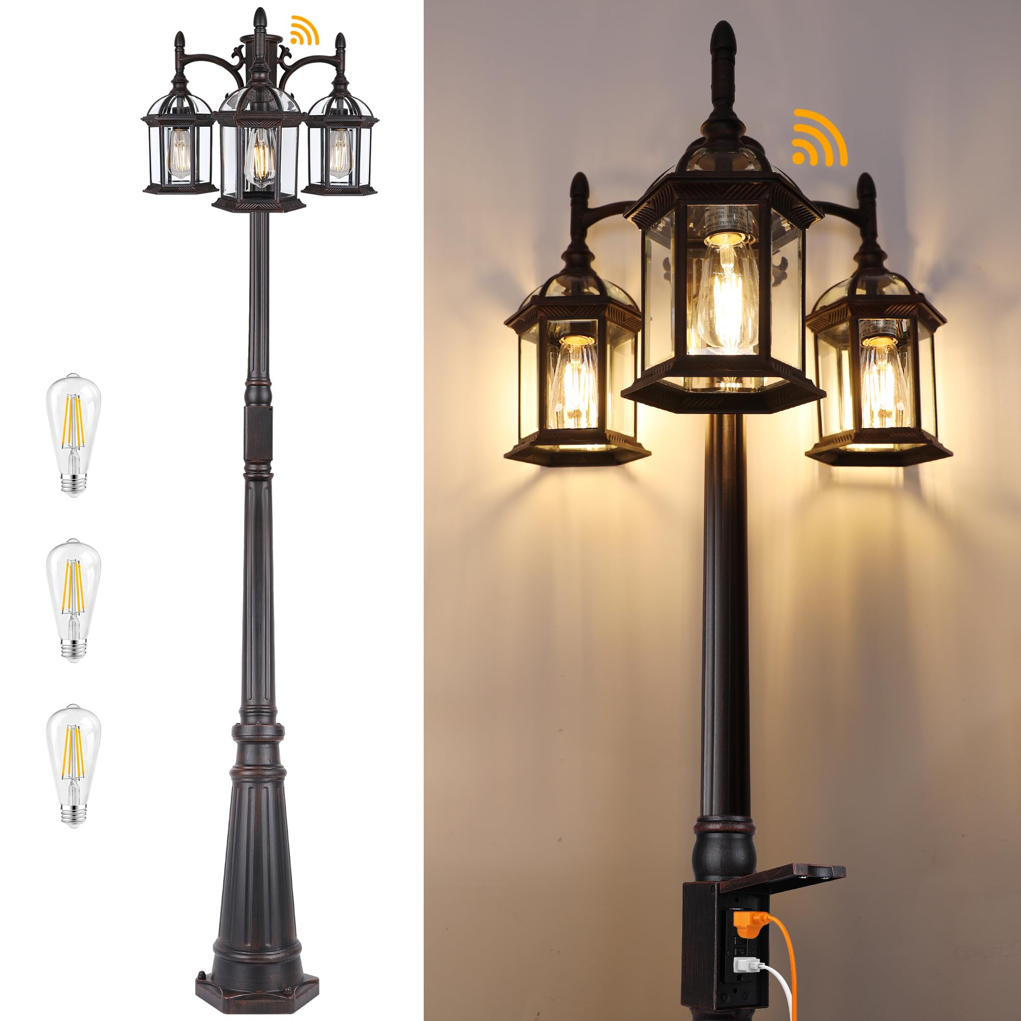 PARTPHONER Outdoor Lamp Post Light, Triple Head, 7ft Aluminum, Birdcage Bronze, Model PAPO075AZ1, Waterproof with GFCI Outlet