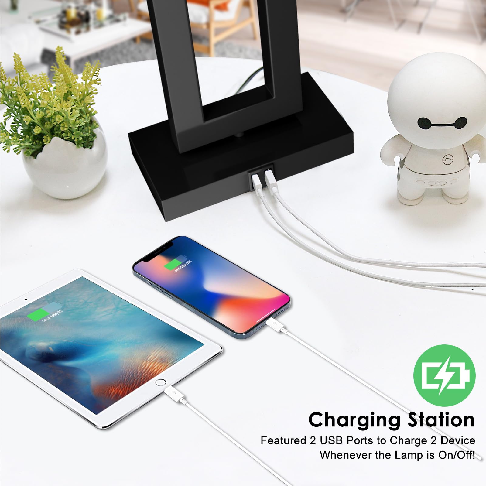 Momyofdy White& Black Table Lamp Set Of 2 Touch Control Lamps 3-Way Dimmable Bedroom Bedside Nightstand Lamps W/Usb Ports Modern